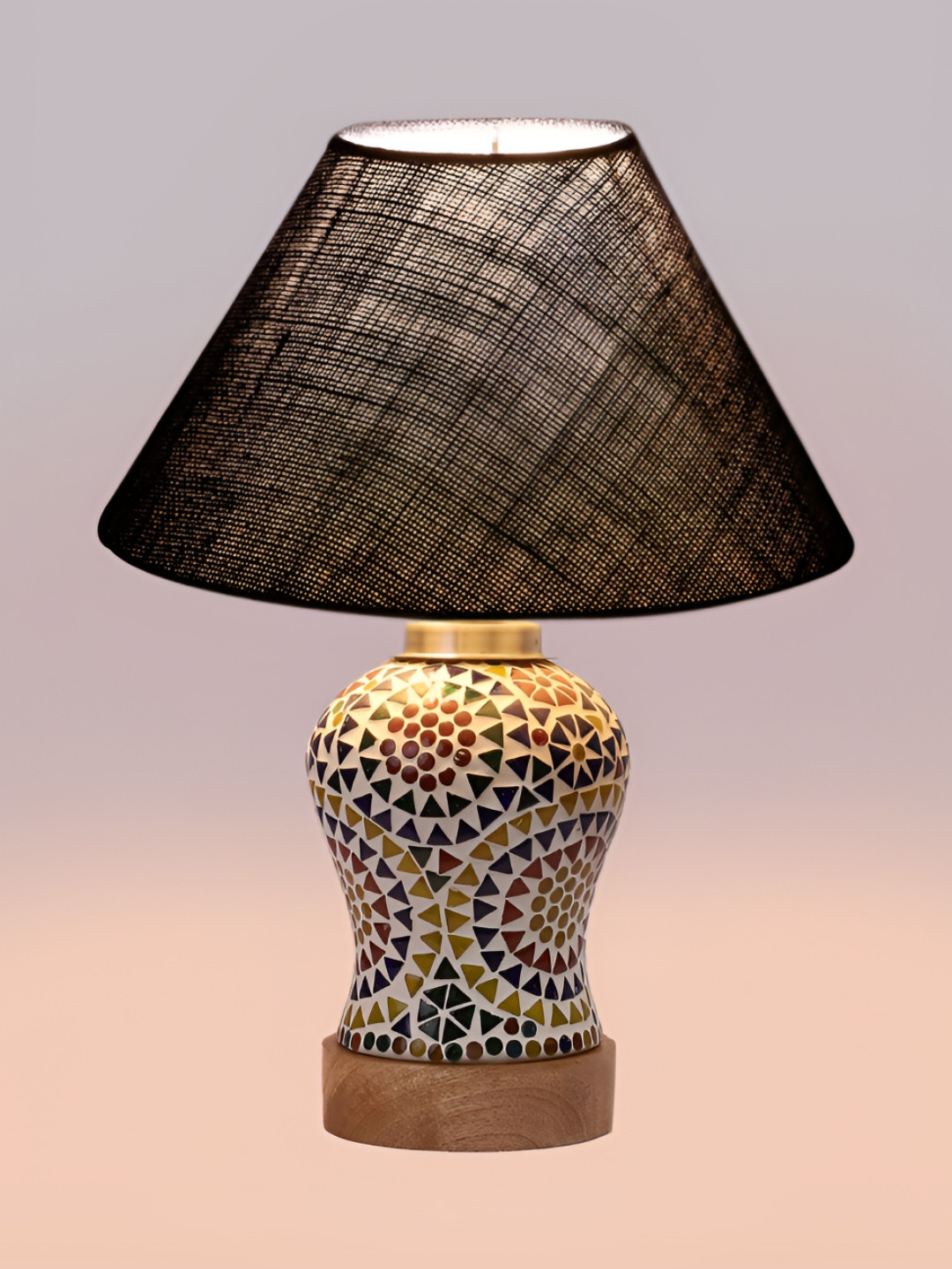 Devansh Blue Frustum Shaped Jute Shade Table Lamp With Wooden Mosaic Glass Base