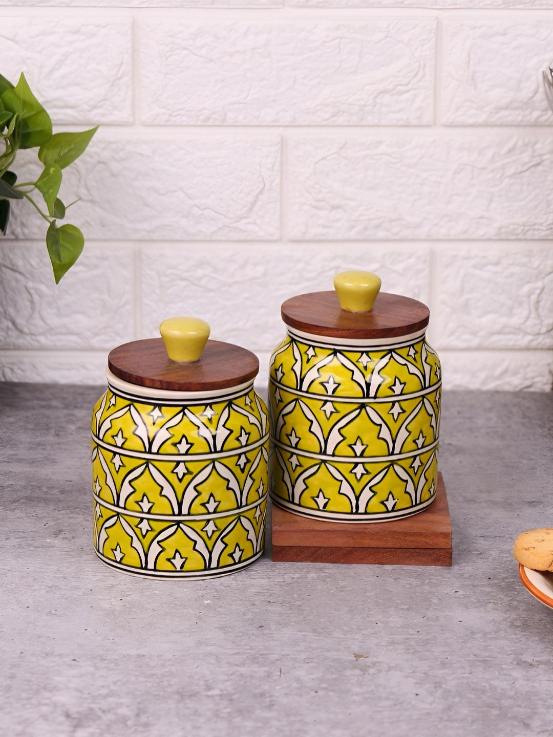 Vareesha Rangmahal Yellow Conversational Ceramic Dishwasher Safe 2 Piece Flip Top Canister-500ml