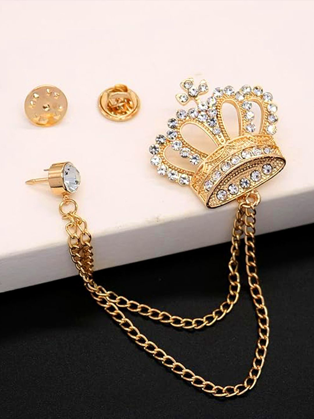 Peora Gold-Plated CZ Studded King's Crown Pattern Double Chain Pin Brooch