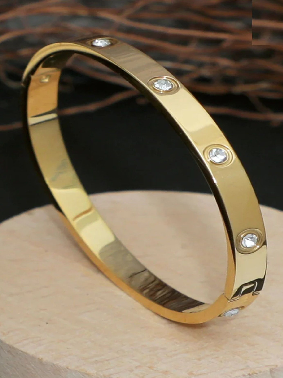 Crazy Fashion Unisex Stainless-Steel Gold Plated Cubic Zirconia Studded Kada Bracelet