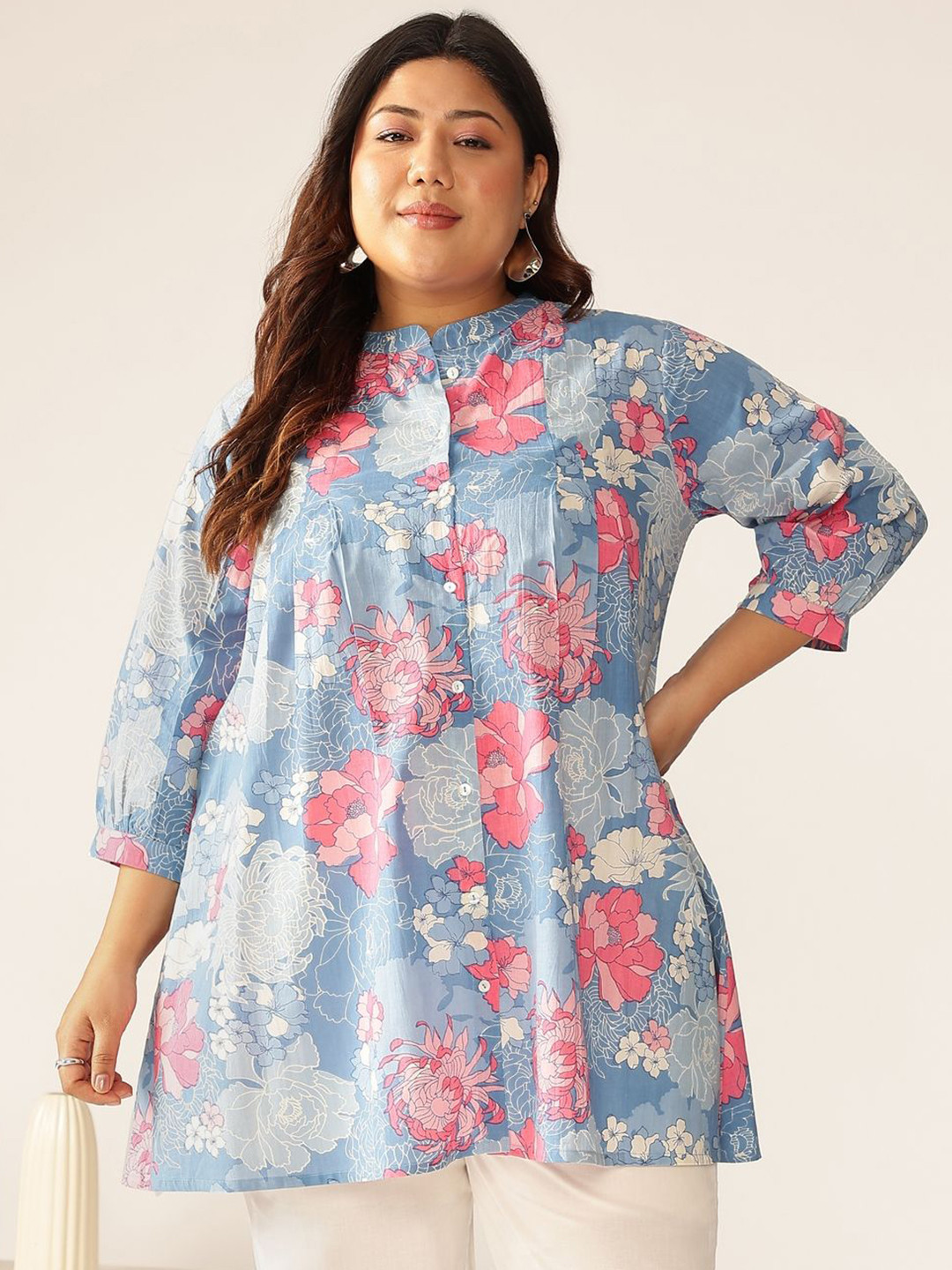 Janasya Women Plus Size Blue Pure Cotton Floral Printed A-line Tunic