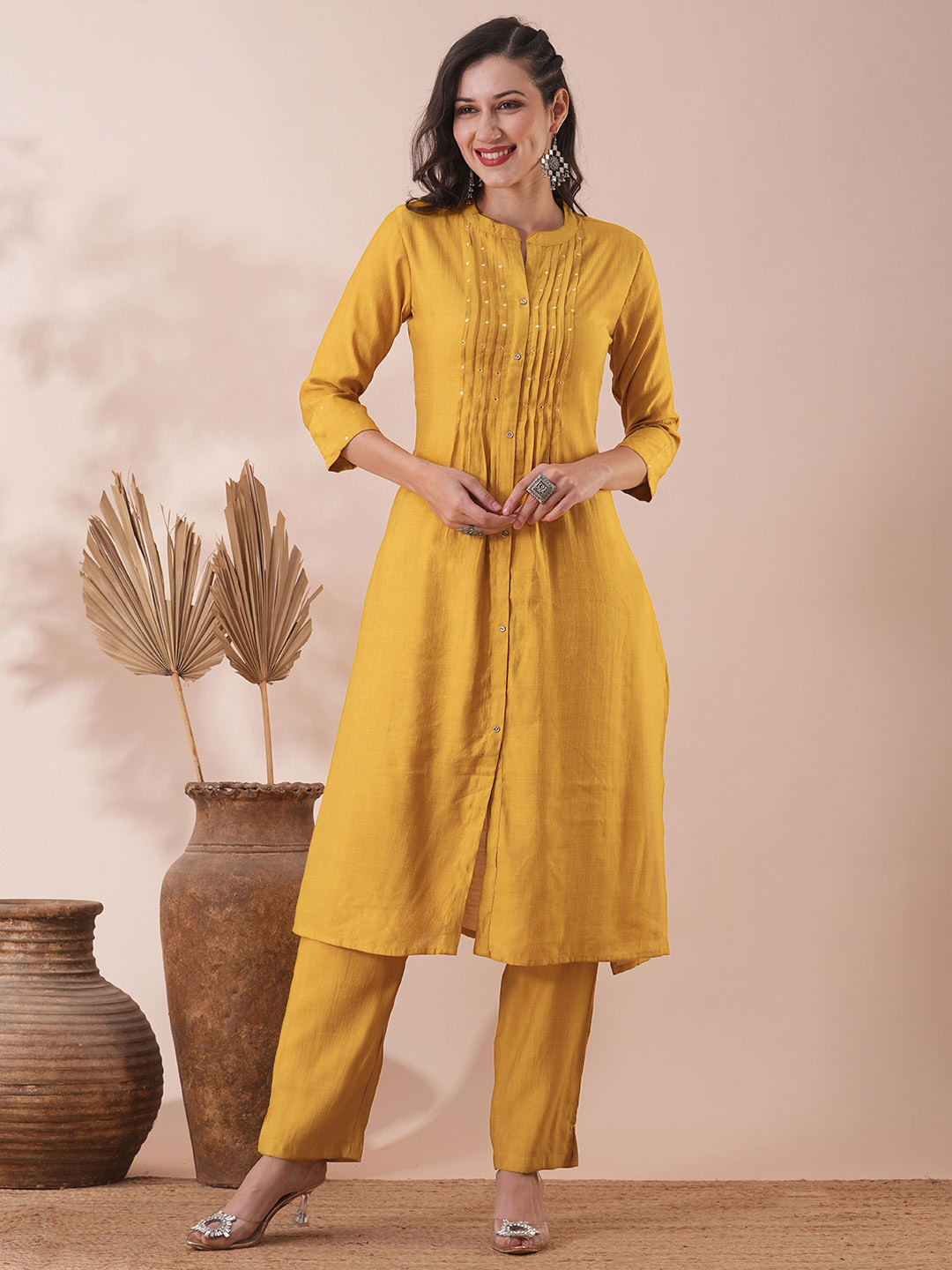 FASHOR Yoke Design Pin Tucked Mirror Work Straight Kurta With Trousers