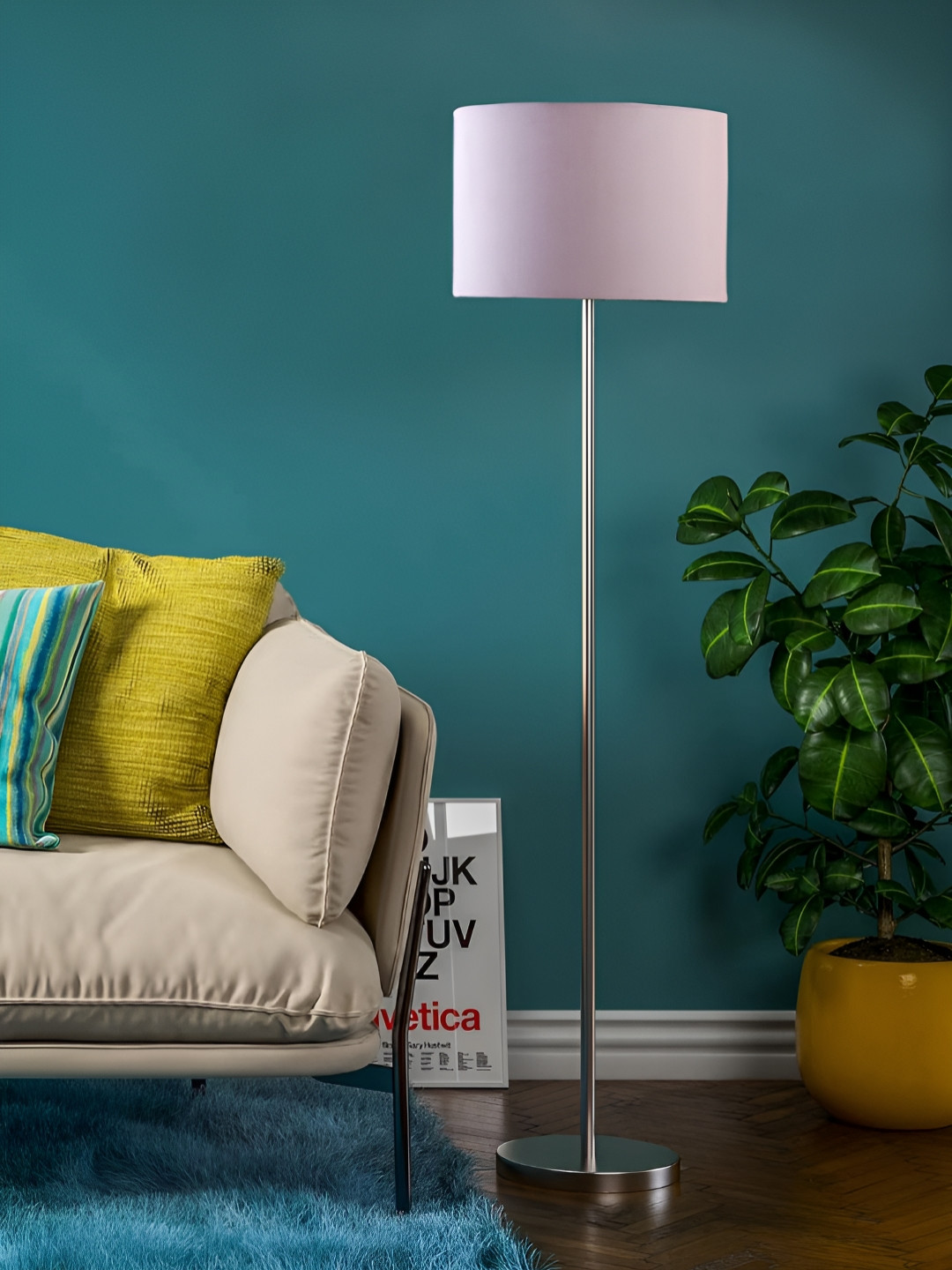 Devansh Grey And Silver-Toned Cylindrical Floor Lamp With Base