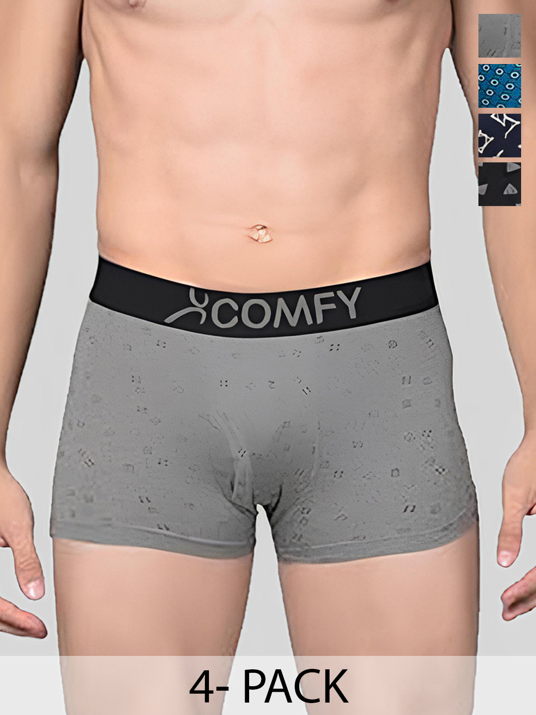 AMUL COMFY Pack Of 4 Printed Breathable Trunks-ACM101BTRNK-BL-GY-BK-PB-75-PO4