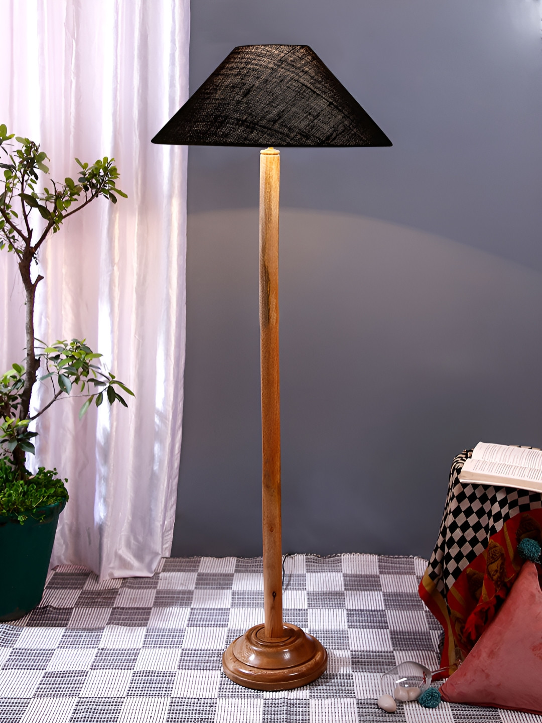 Devansh Black & Brown Jute Frustum Shape Coolie Shade Wood Base Floor Lamps