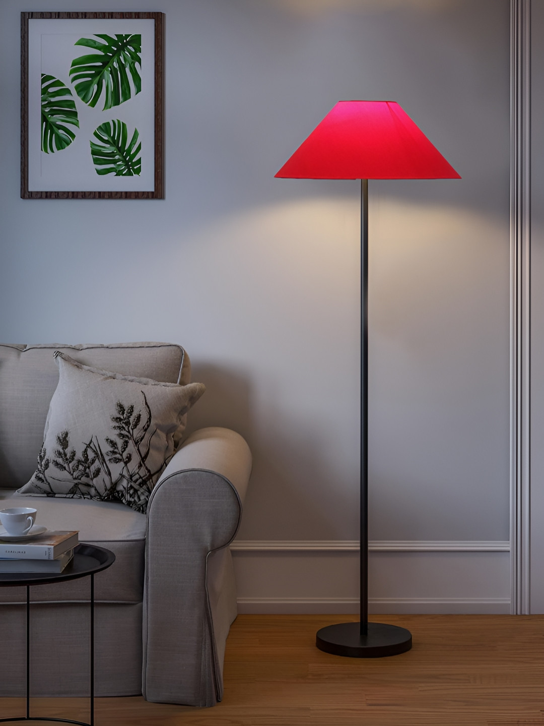Devansh Red Frustum Floor Lamp With Wooden Base
