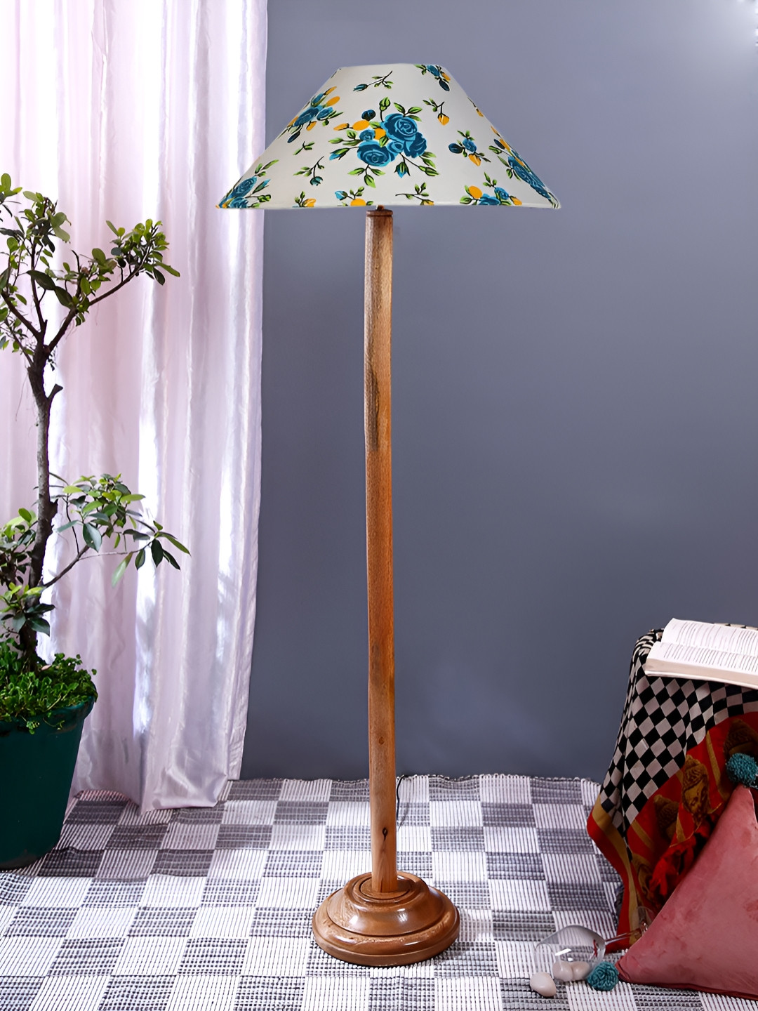 Devansh White & Blue Printed Conical Shape Wooden Base Floor Lamp