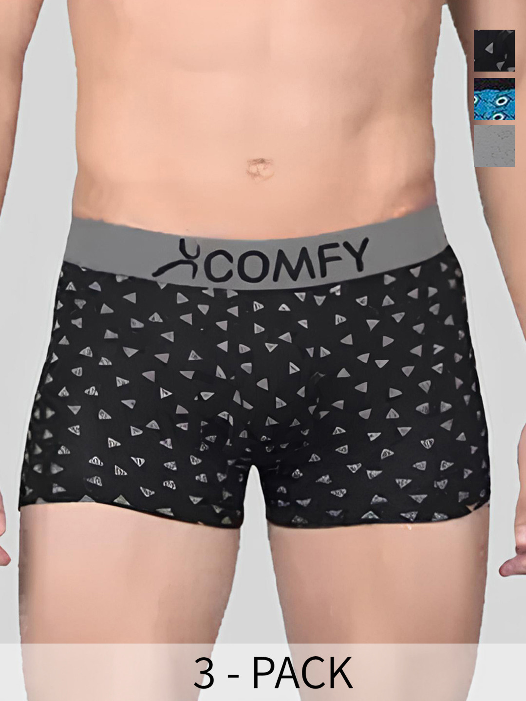AMUL COMFY Pack Of 3 Printed Breathable Trunks-ACM101BTRNK-BK-BL-GY-75-PO3