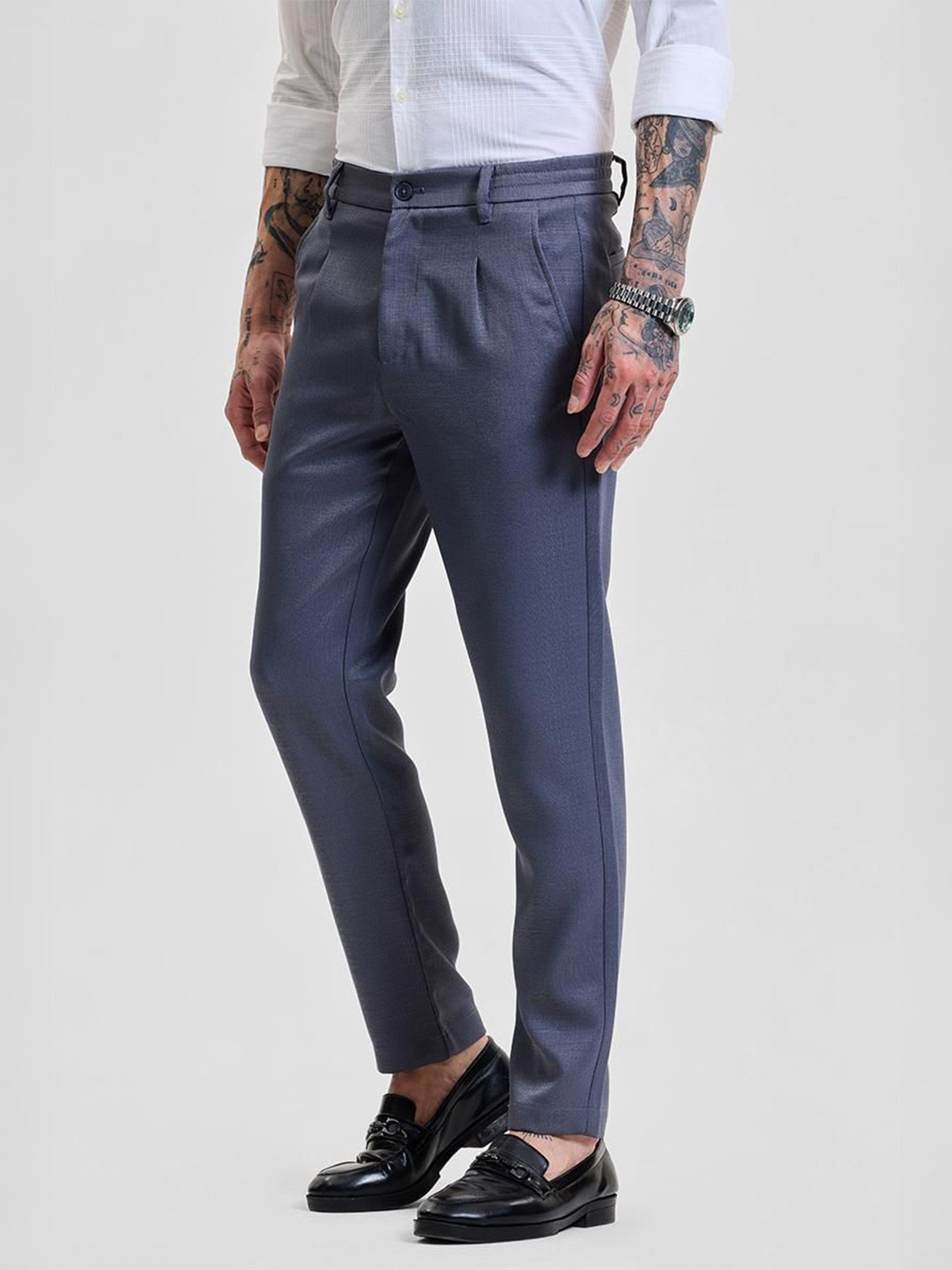 Snitch Men Greyish Blue Self-Design Slim Fit Trousers