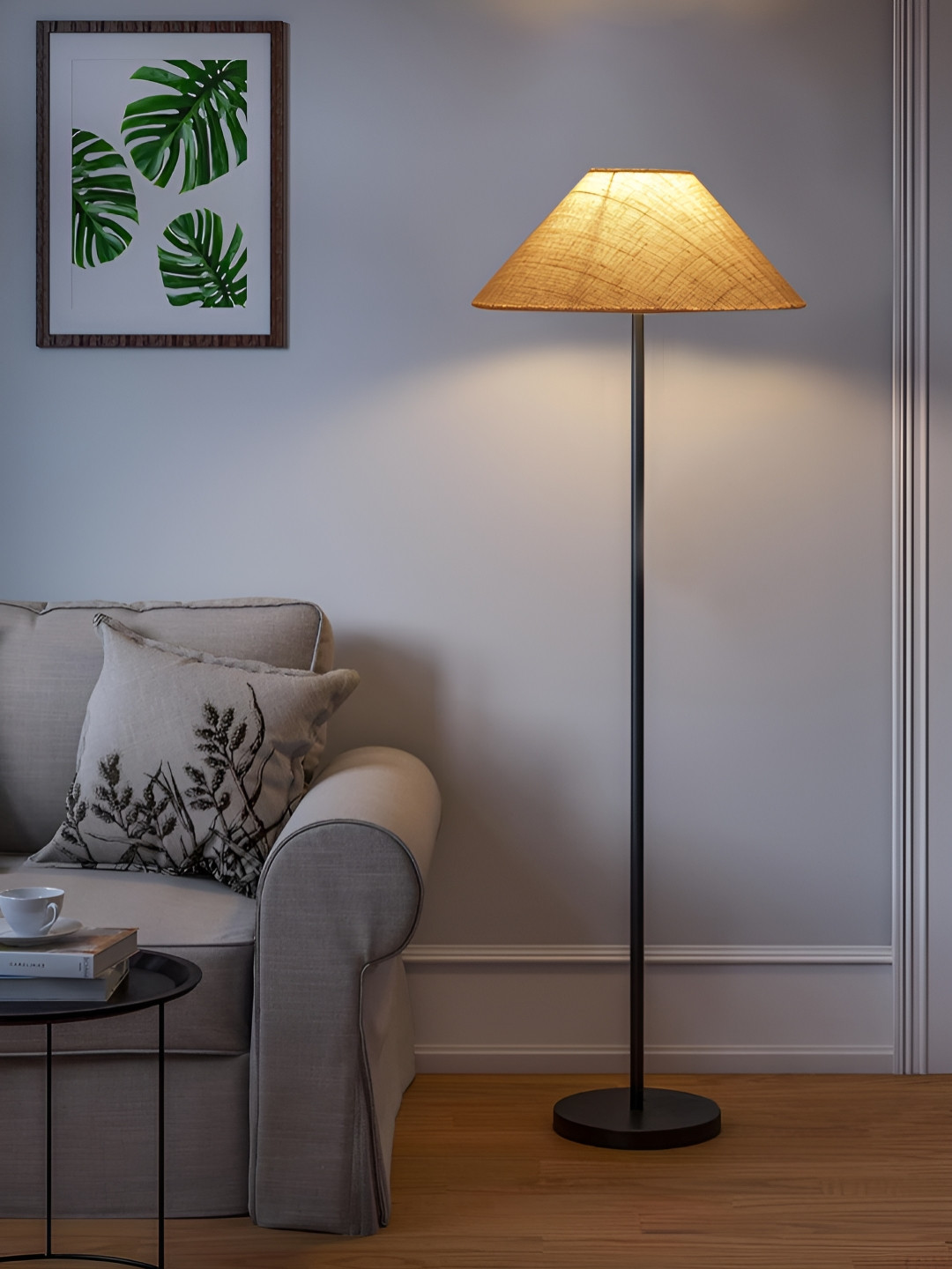 Devansh White And Black Frustum Floor Lamp With Wooden Base