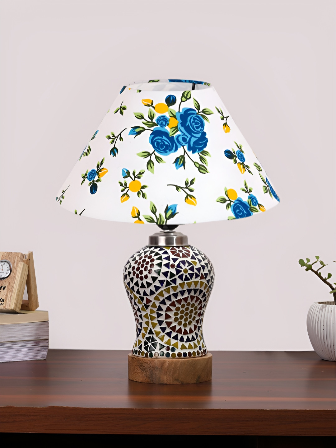 Devansh White Printed Frustum Shaped Cotton Shade Table Lamp With Wooden Mosaic Glass Base