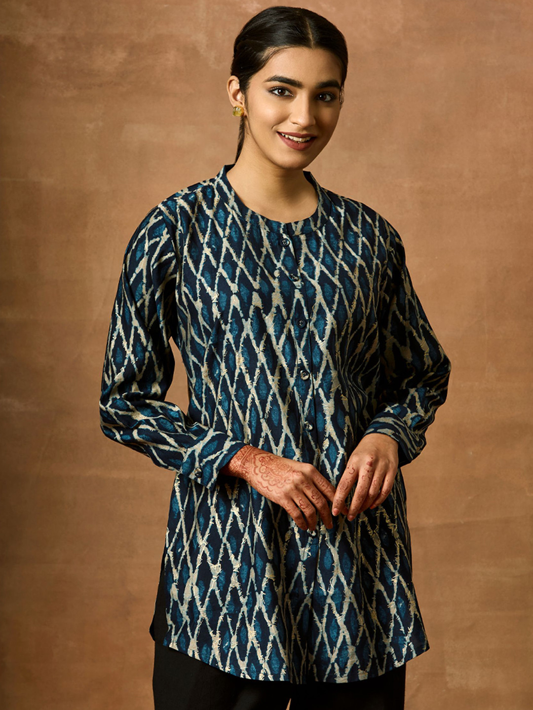 WOMEN PLUS Navy Blue Printed Modal Short Kurti