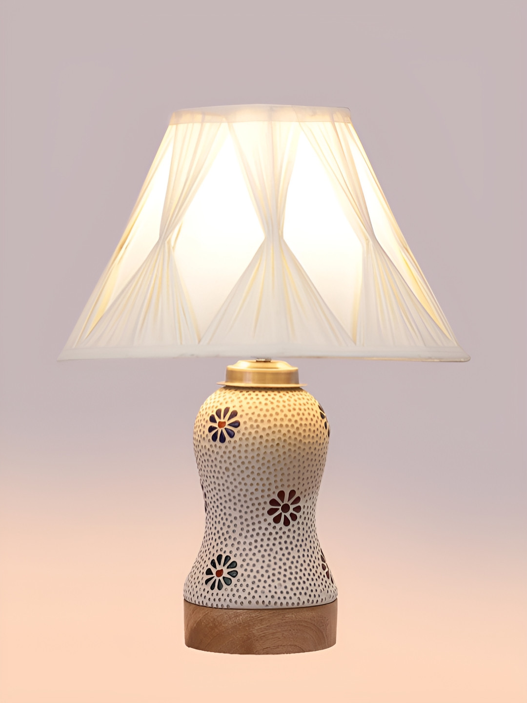 Devansh White Textured Wooden Frustum Shaped Table Lamp With Mosaic Glass Base
