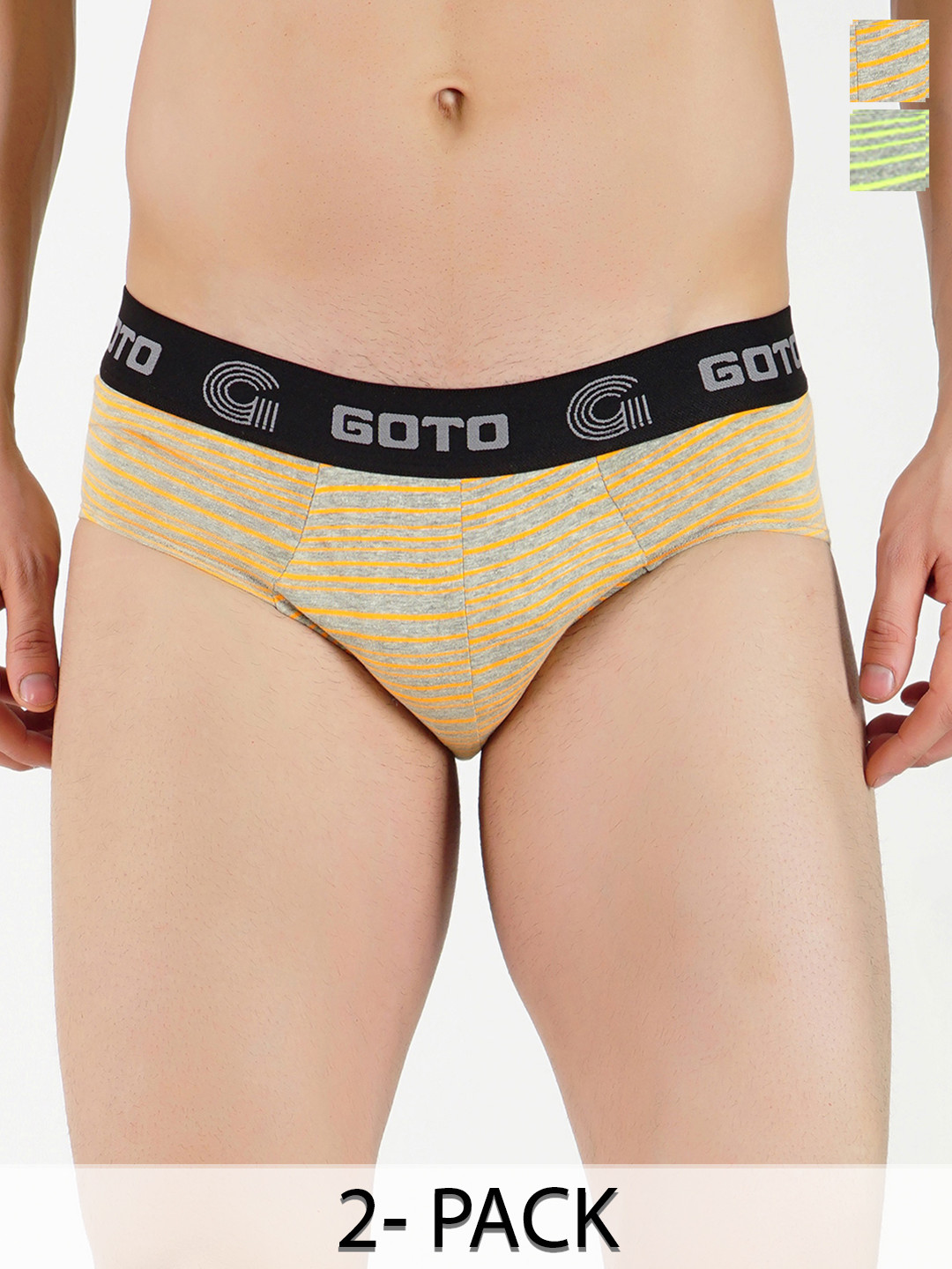 GOTO Men Pack Of 2 Printed Low-Rise Basic Briefs COTTON BLEND STRIP OUT EL DYellow Green