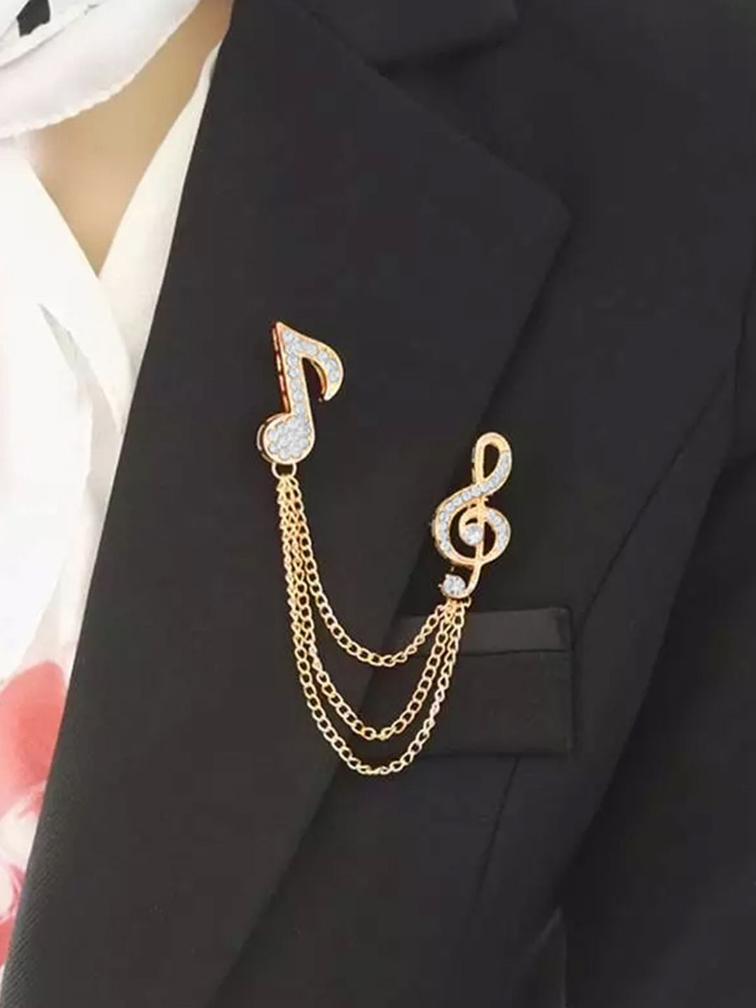 Peora Gold-Plated CZ Studded Music Pattern Double Chain Pin Brooch