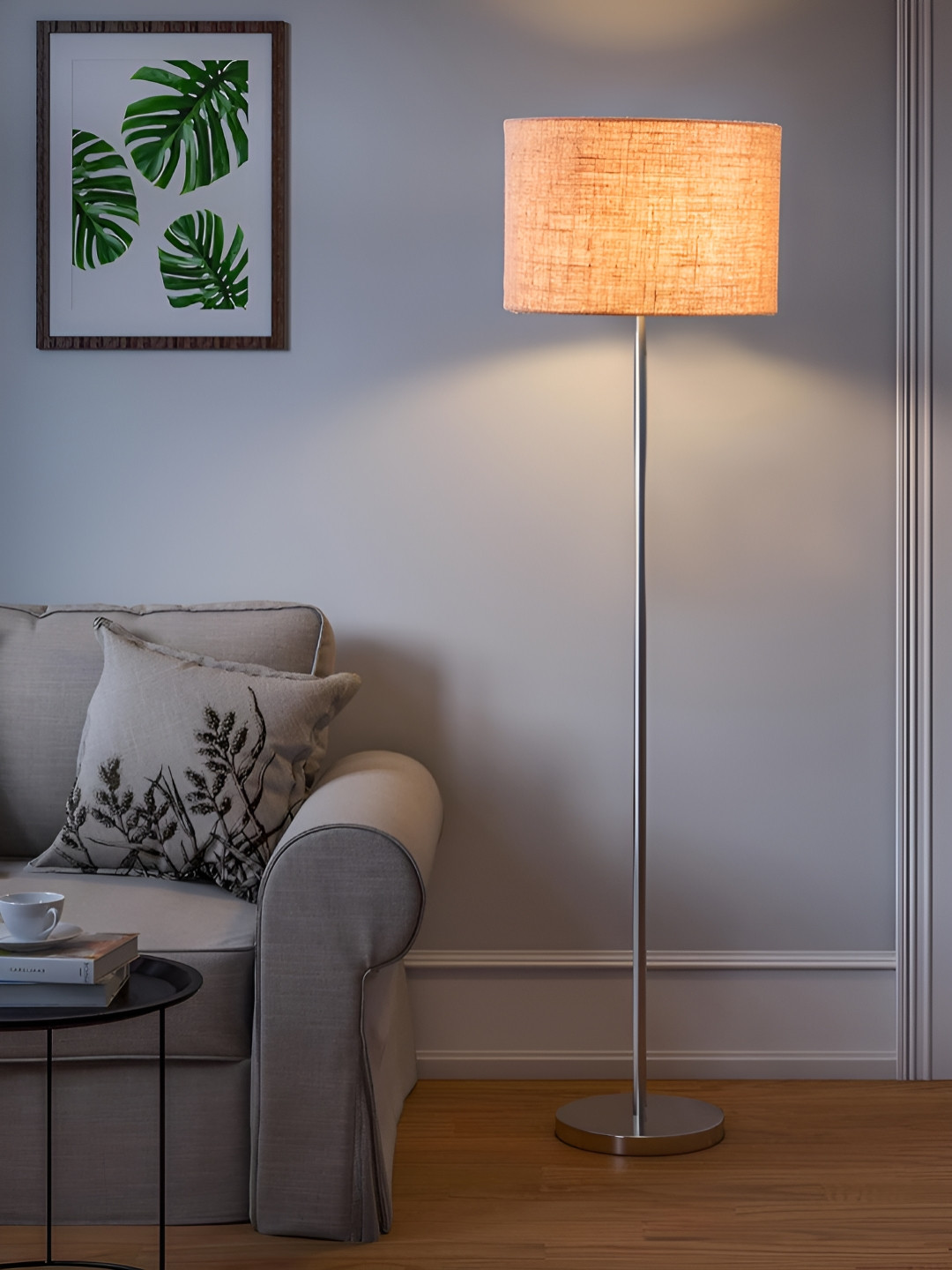 Devansh Beige And Silver-Toned Jute Cylindrical Floor Lamps