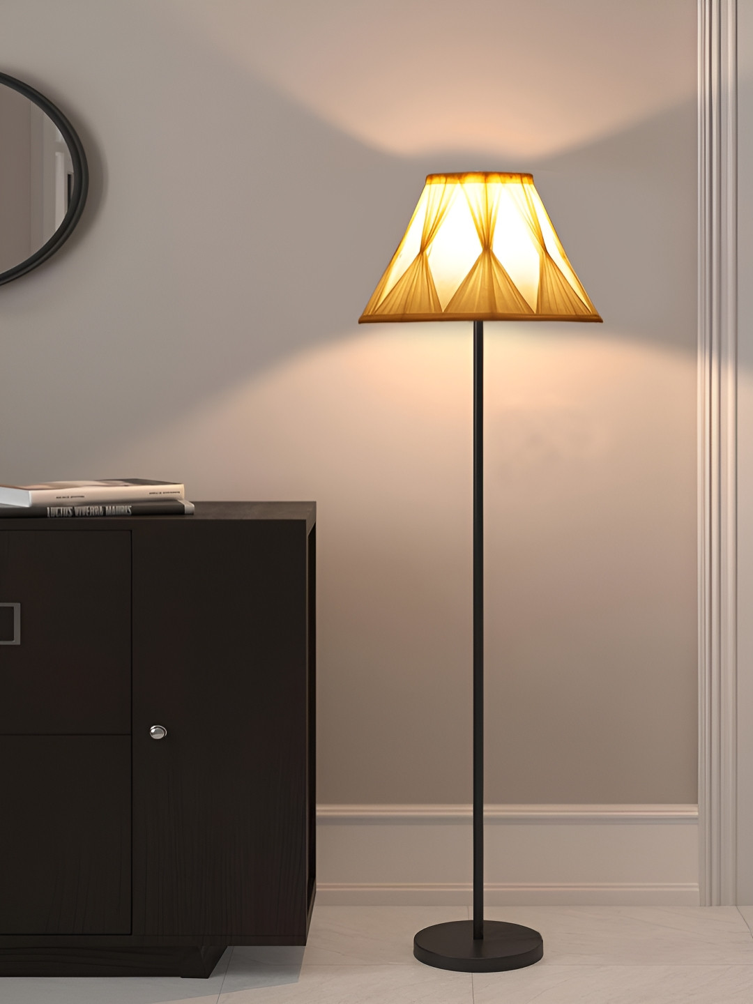 Devansh Off-White and Black Curtain Pleated Textured Metal Frustum Shaped Floor Lamp