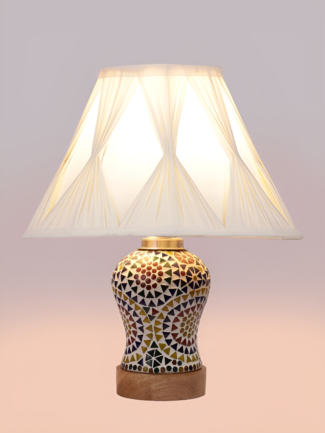 Devansh White Frustum Shaped Cotton Shade Table Lamp With Wooden Mosaic Glass Base