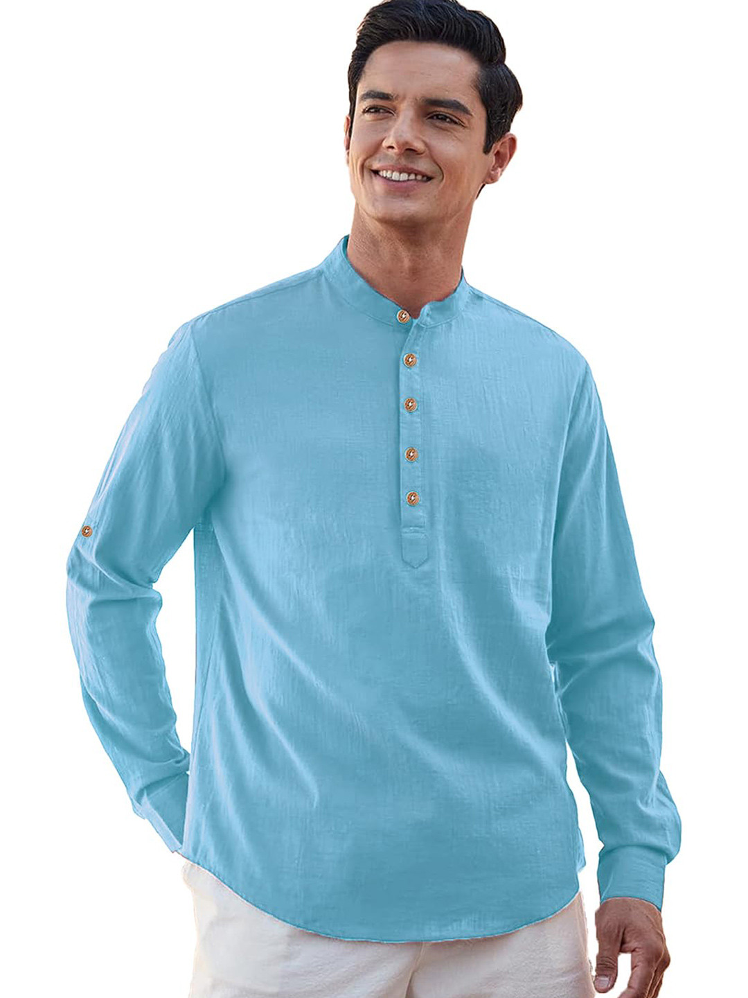 TrendiVastra Band Collar Roll-Up Sleeves Slim Fit Cotton Short Kurta