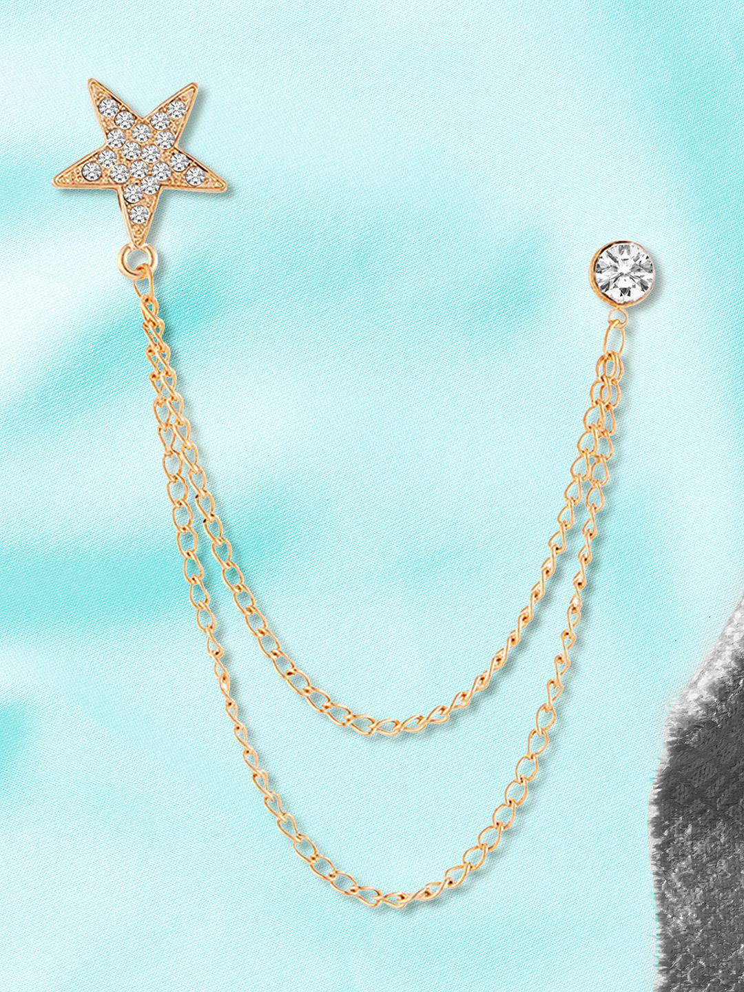 Peora Gold-Plated CZ Studded Star Pattern Double Chain Pin Brooch