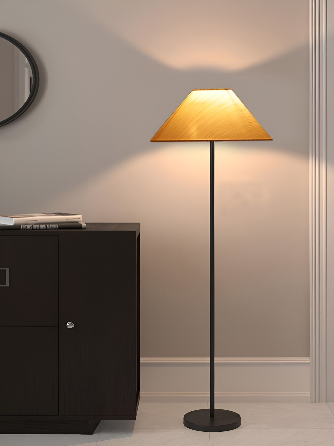 Devansh Off White & Black Frustum Shaped Cotton Coolie Shade Floor Lamp