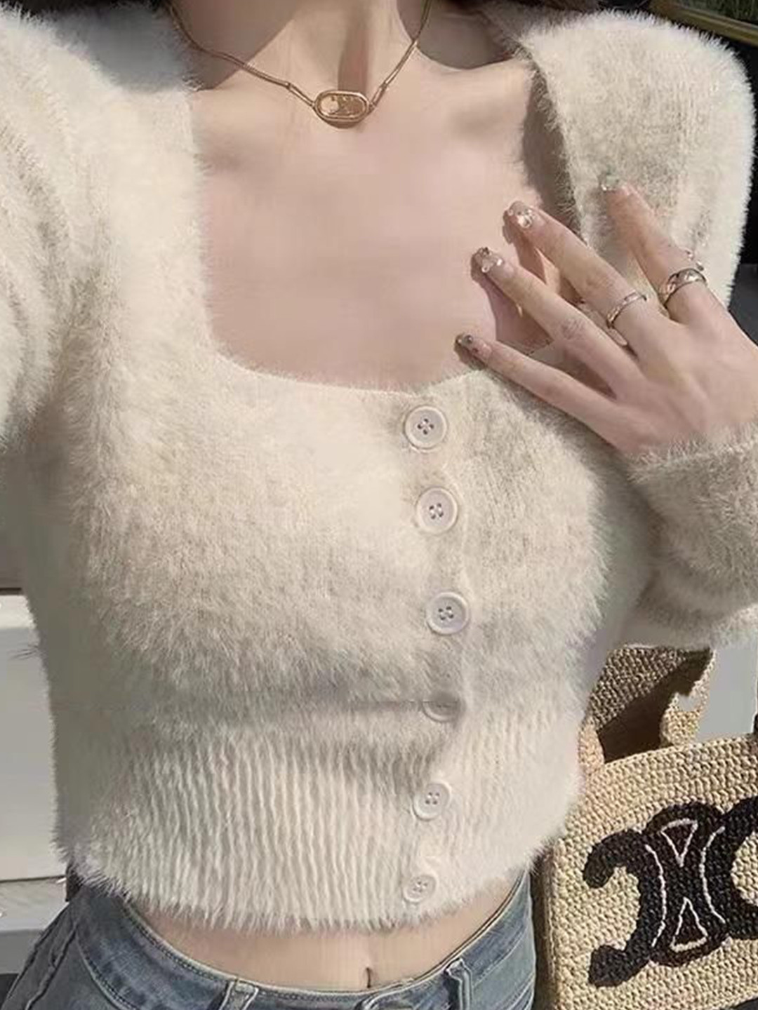 Outzidr White Square Neck Fuzzy Top