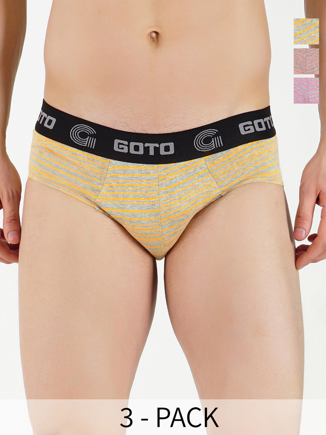 GOTO Men Pack Of 3 Striped Low-Rise Basic Briefs COTTON BLEND STRI OUT EL DYell Orang Red