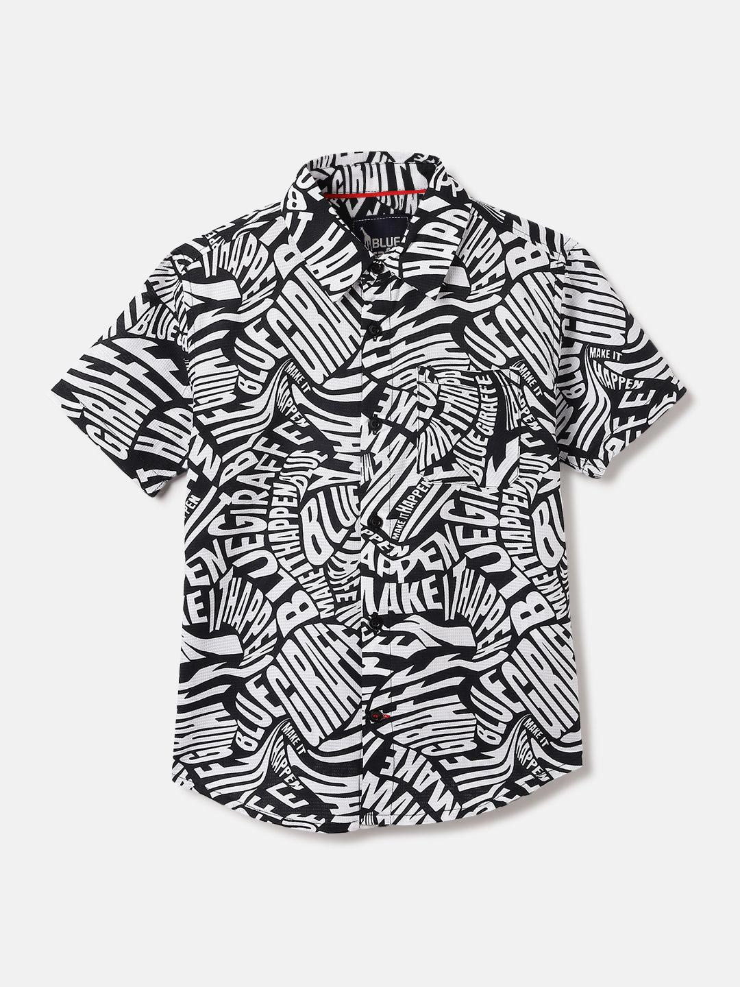 Blue Giraffe Boys All Over Branding Dobby Print Regular Fit Shirt