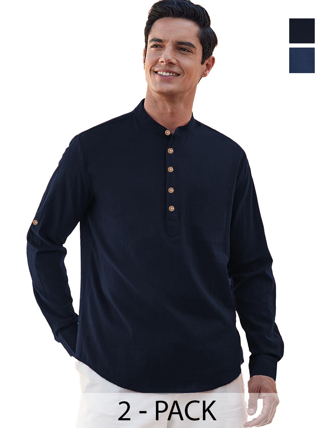TrendiVastra Selection Of 2 Cotton Band Collar Slim Fit Short Kurta