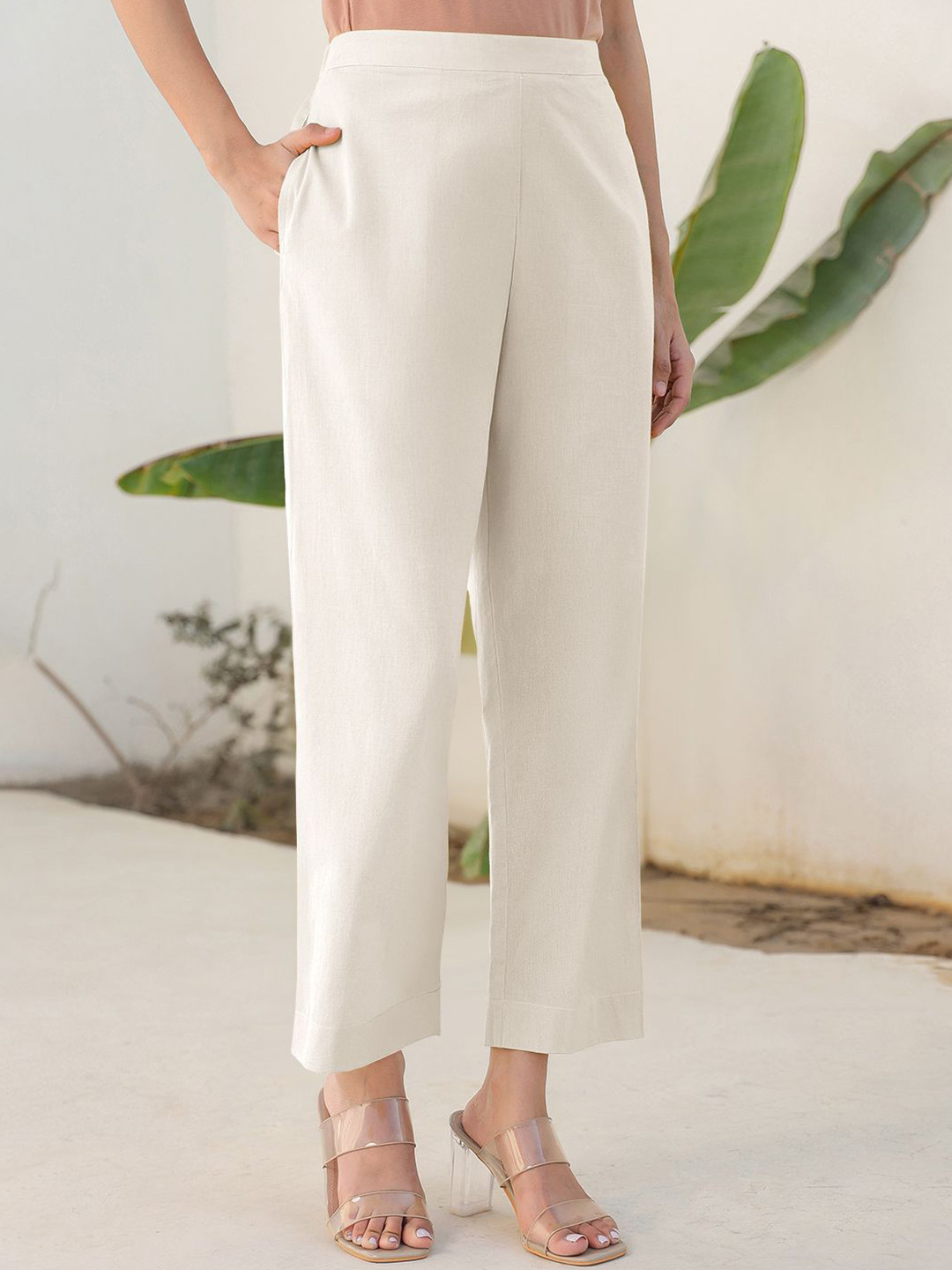 Janasya Women's Off White Linen Cotton Solid Staright Pant