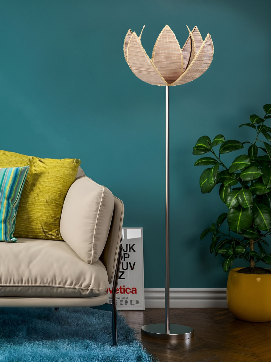 Devansh Beige And Silver-Toned Bamboo Rose Steel Base Floor Lamps