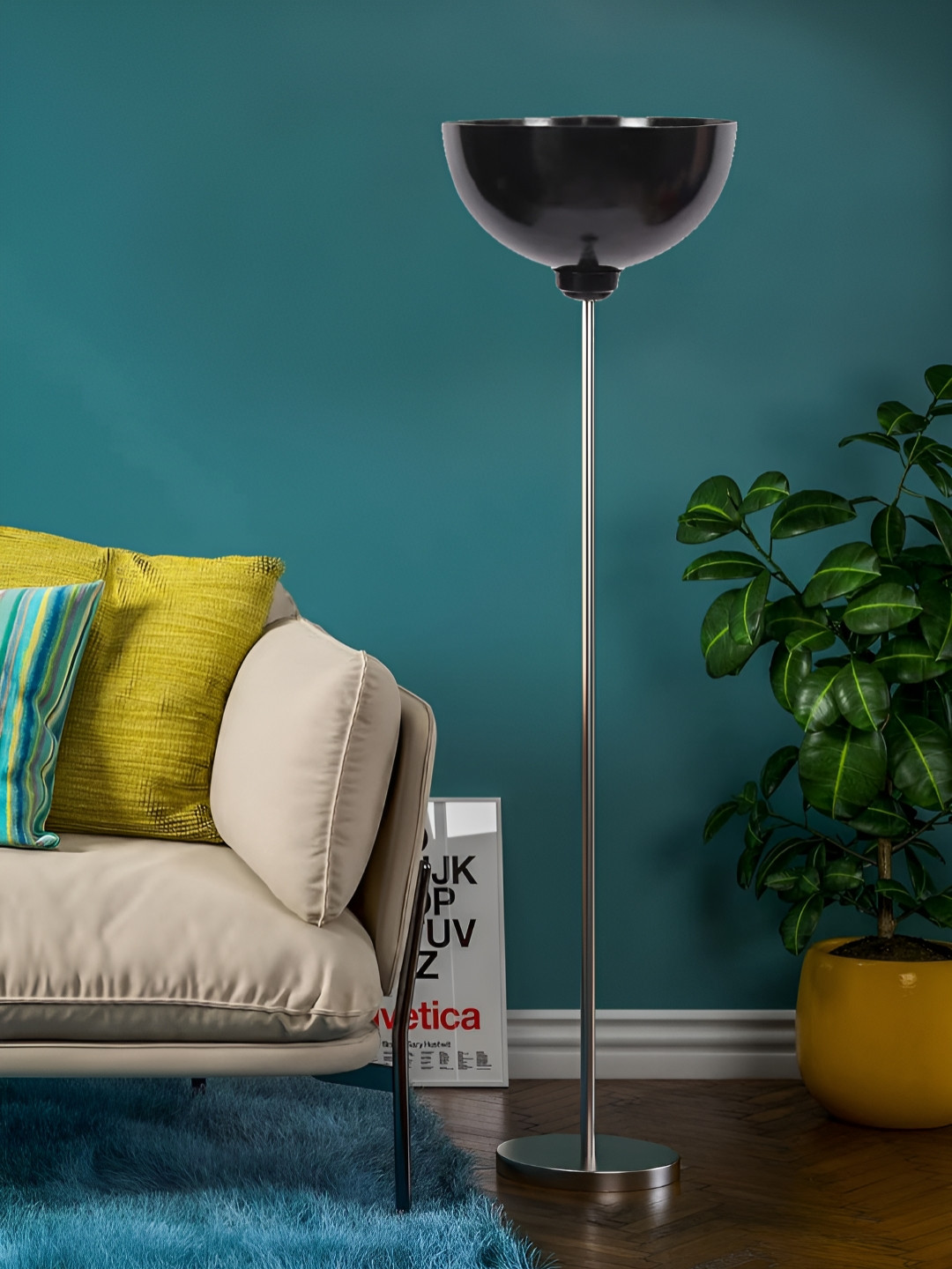 Devansh Black & Silver-Toned Semi Spherical Steel Base Floor Lamps