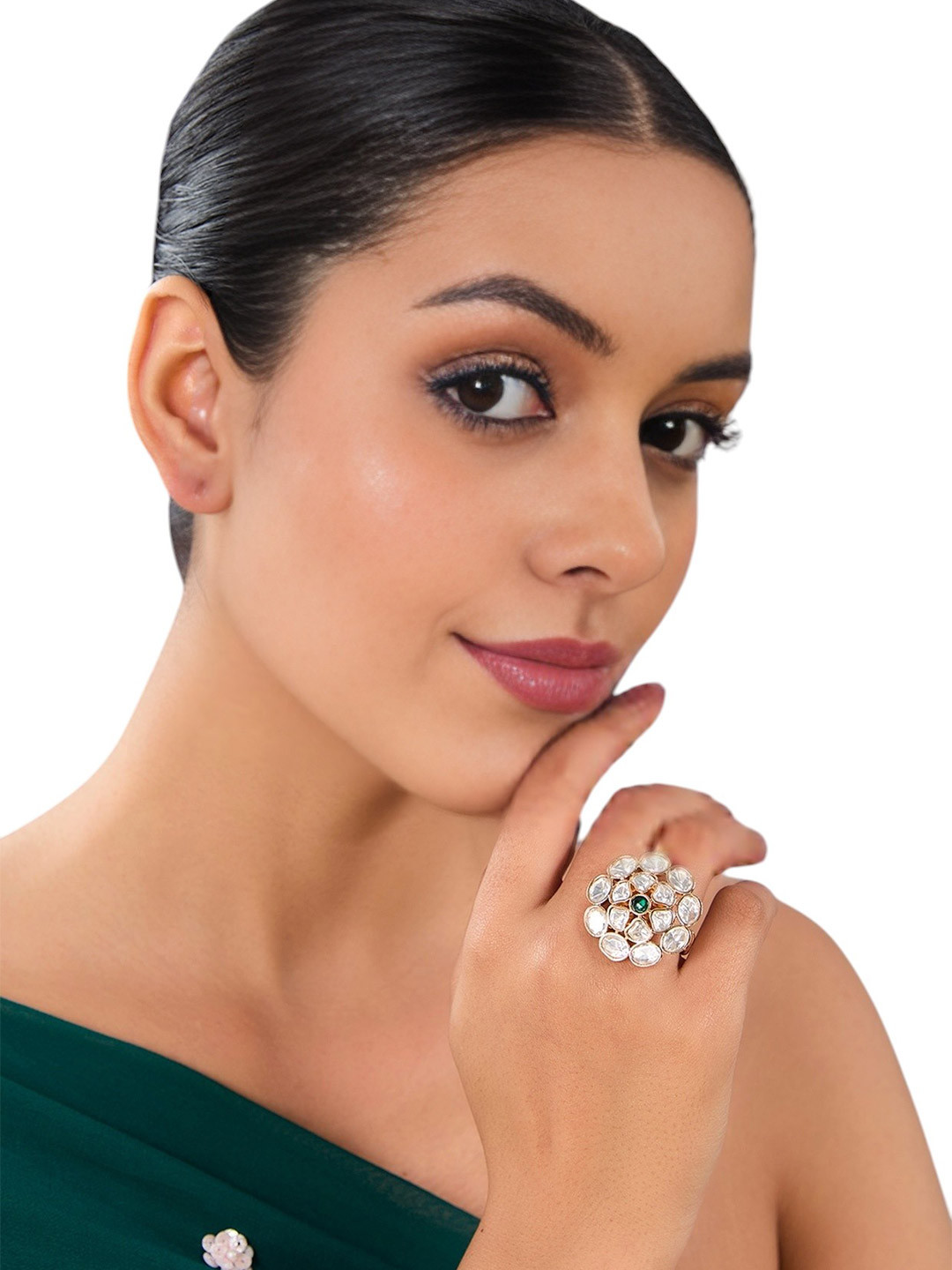 AURAA TRENDS Gold-Plated Kundan & Emerald Studded Finger Ring