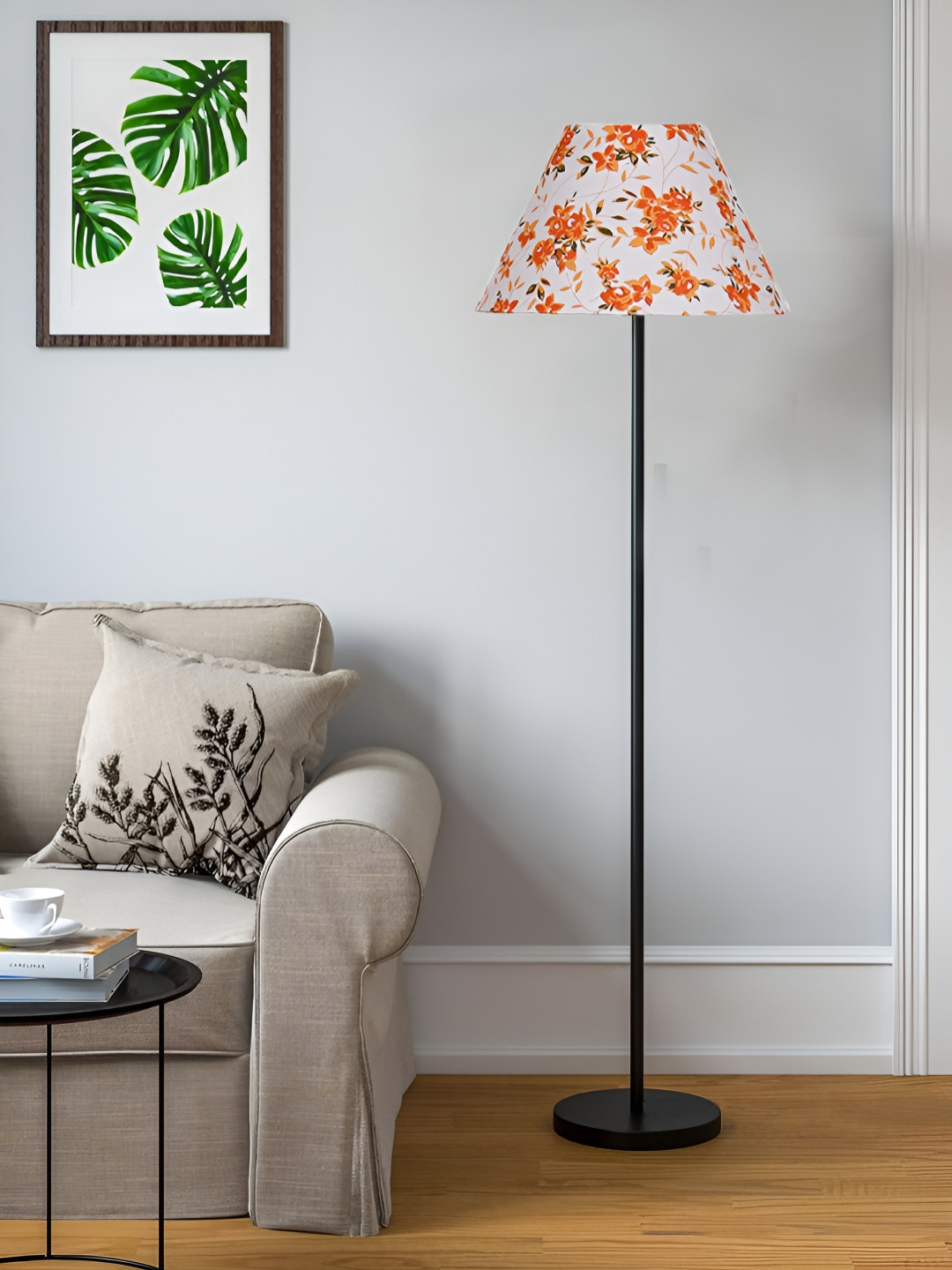 Devansh White & Orange Floral Printed Cotton Drum Iron Frustum Floor Lamp