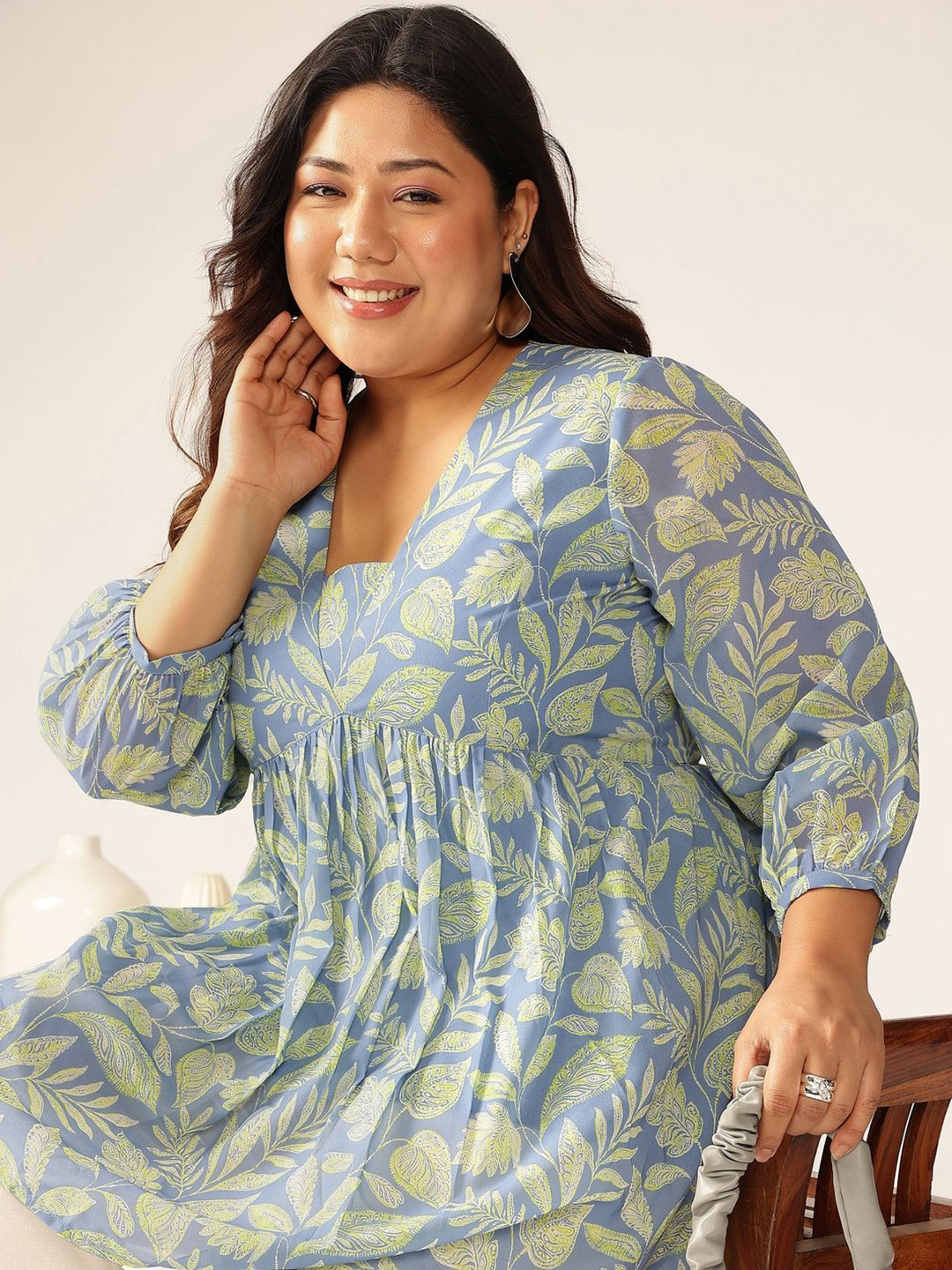 Janasya Women Plus Size Blue Georgette Tropical Printed A-line Tunic