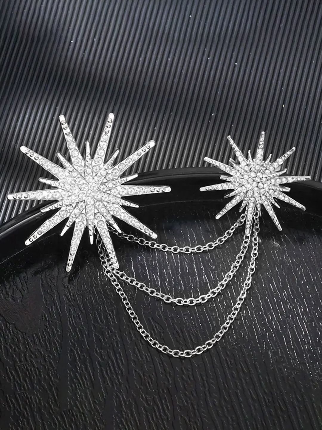 Peora Silver-Plated CZ Studded Twinkling Star Pattern Three Layer Chain Pin Brooch