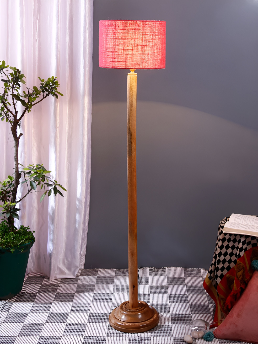 Devansh Pink Drum Shape Floor Lamp With Wooden Base
