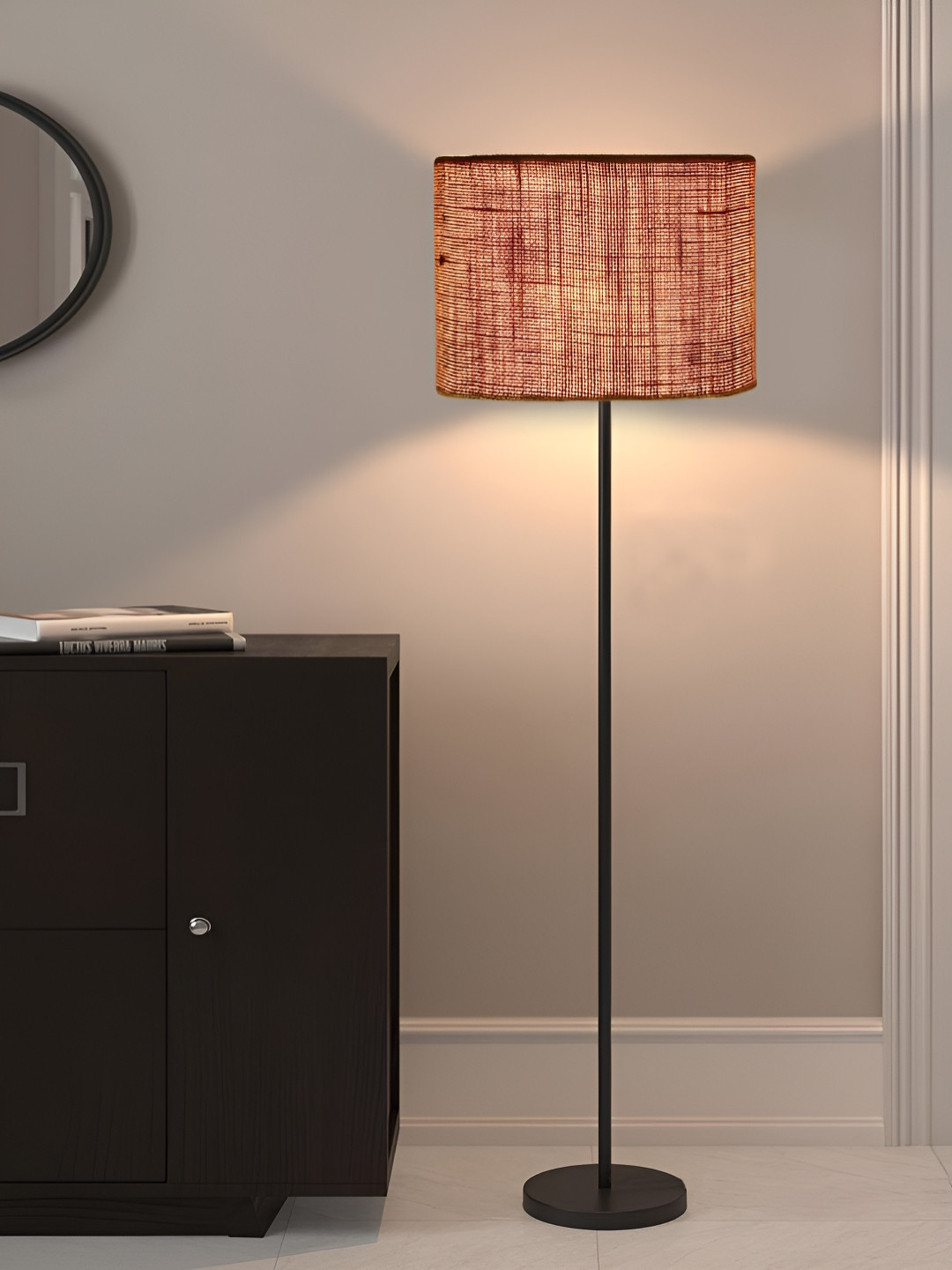 Devansh Beige And Black Cylindrical Shaped Wooden Floor Lamps