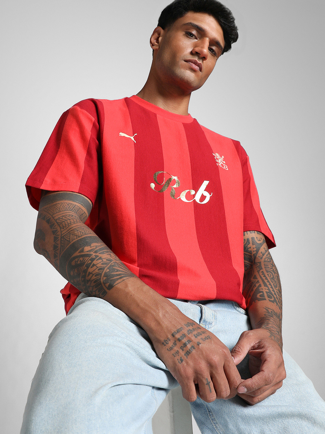 Puma RCB Retro Striper Striped Drop-Shoulder Sleeves Pure Cotton T-shirt