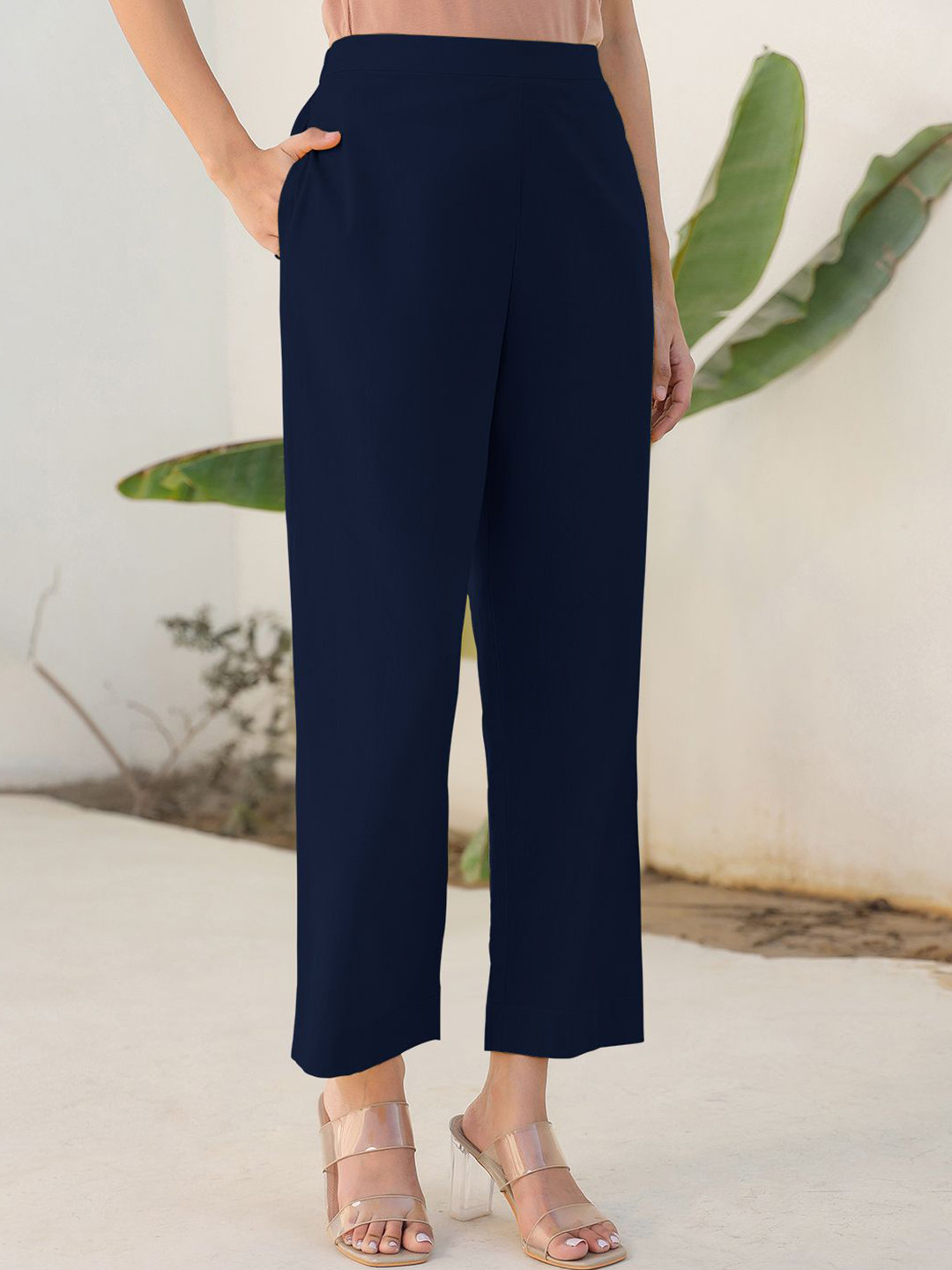 Janasya Women's Navy Blue Linen Cotton Solid Straight Pant
