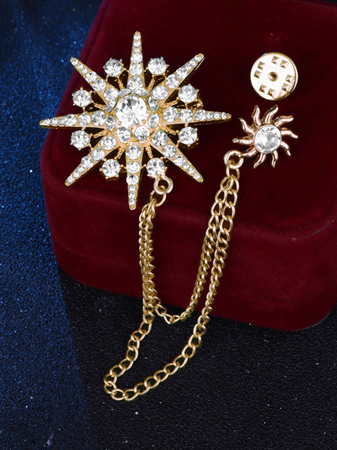 Peora Gold-Plated Cubic Zirconia Studded Star & Sunshine Double Chain Pin Brooch