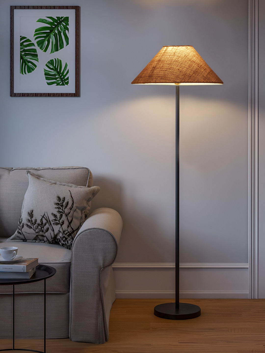 Devansh Beige and Black Frustum Shaped Metal Floor Lamp