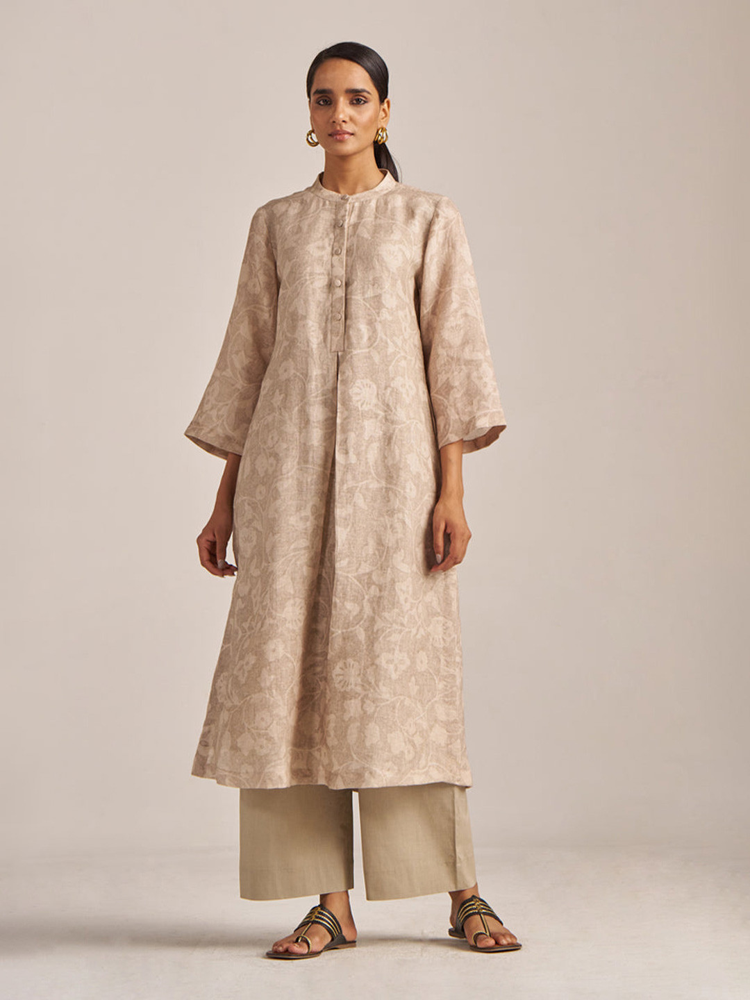 Ganga Floral Printed Band Collar Pleated A-Line Linen Kurta With Palazzo