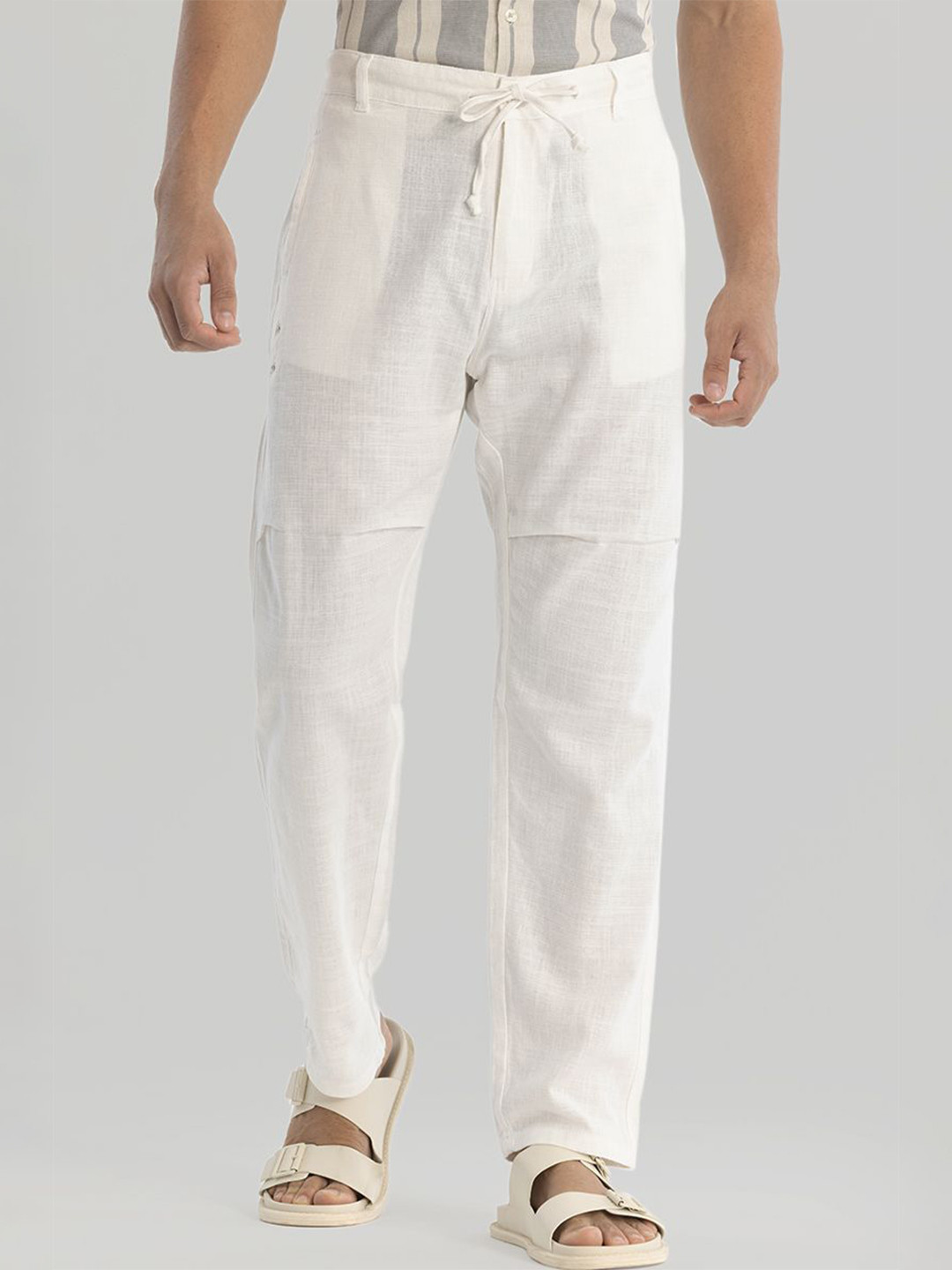 Snitch Men Cotton Snitch White Plain Baggy Fit Trousers