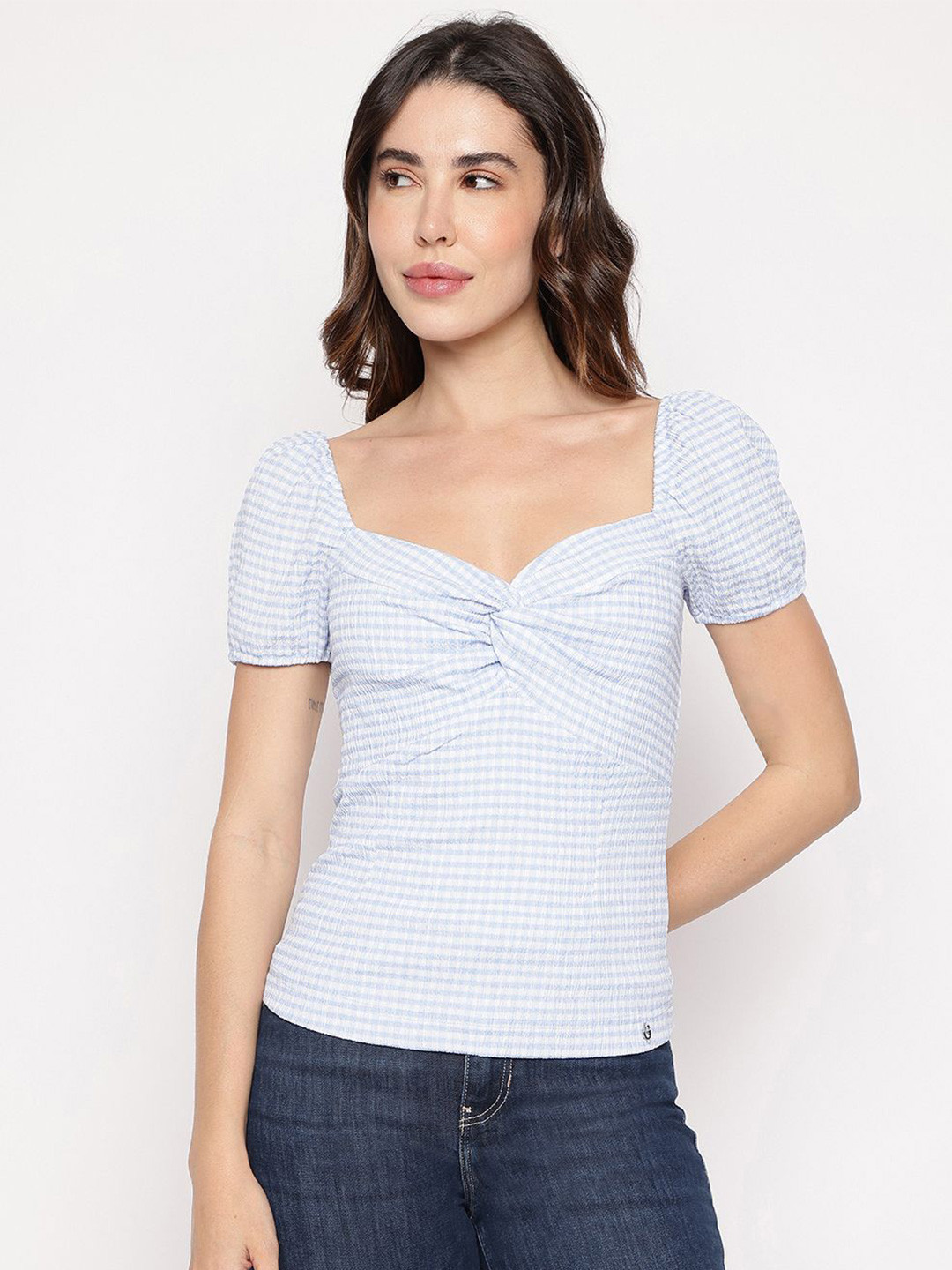 GUESS Women Checked Sweetheart Neck Regular Top