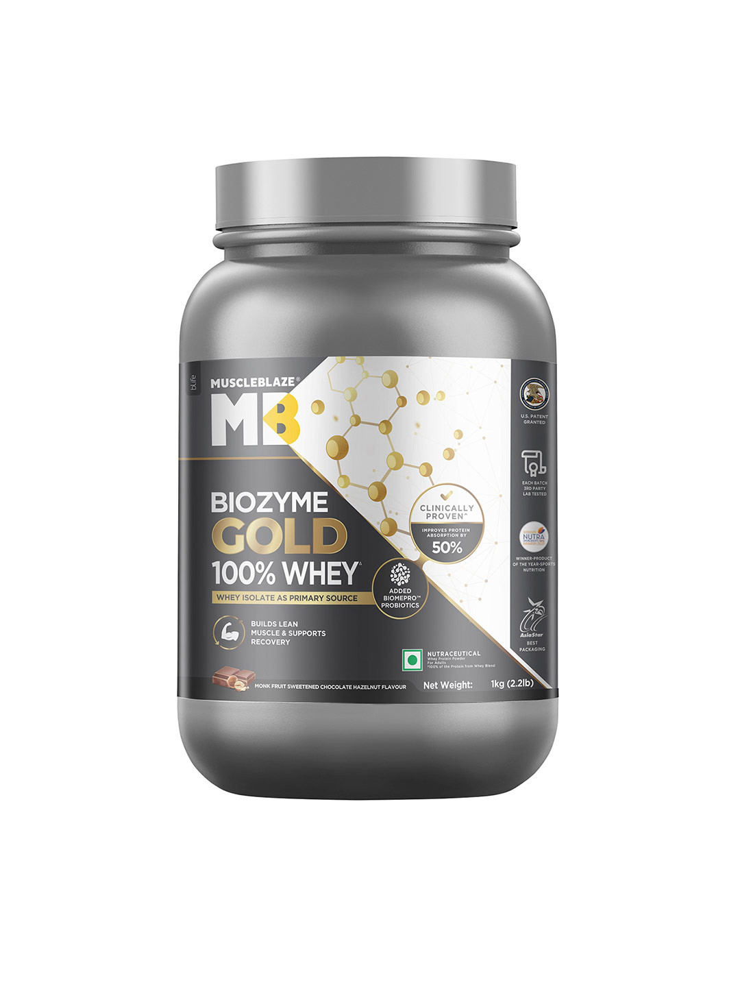 MuscleBlaze Biozyme Gold 100% Whey - 1Kg - Sweetened Chocolate Hazelnut