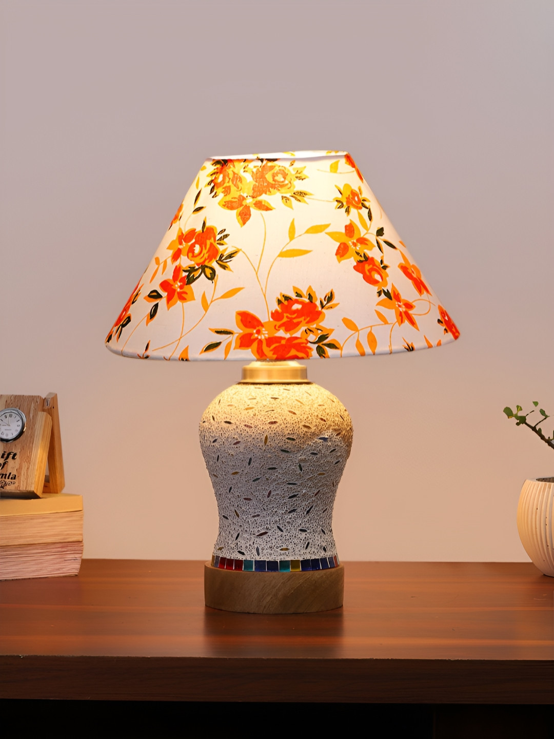 Devansh White & Orange Floral Printed Frustum Shaped Wooden Table Lamp