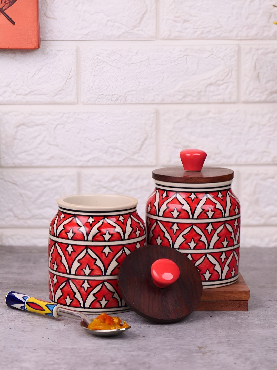 VarEesha Rangmahal 2 Piece Red Ceramic Dishwasher and Microwave Safe Canister Container