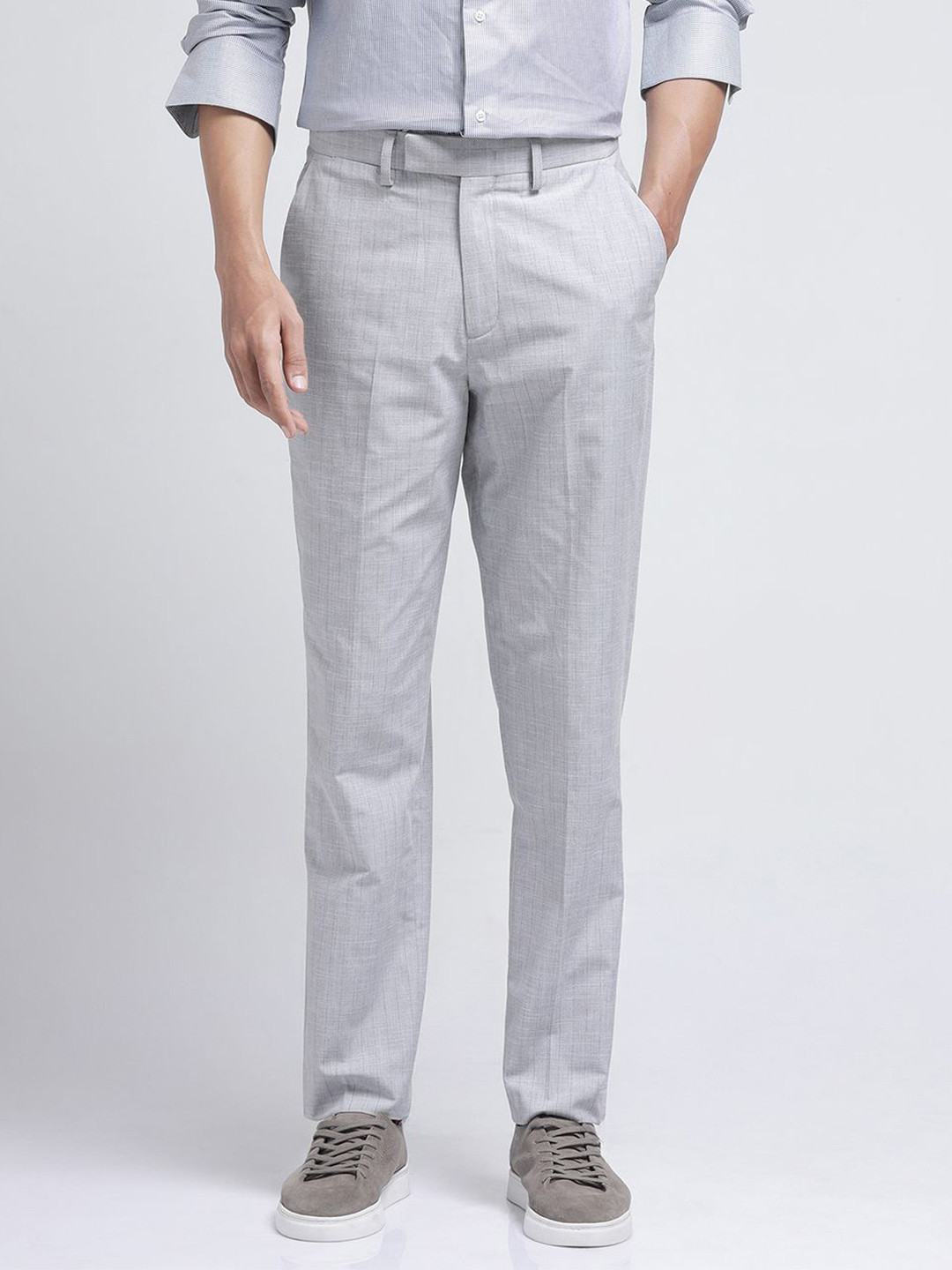 RARE RABBIT Men Zimba Primary Grey Tailored Straight Fit Formal Trousers