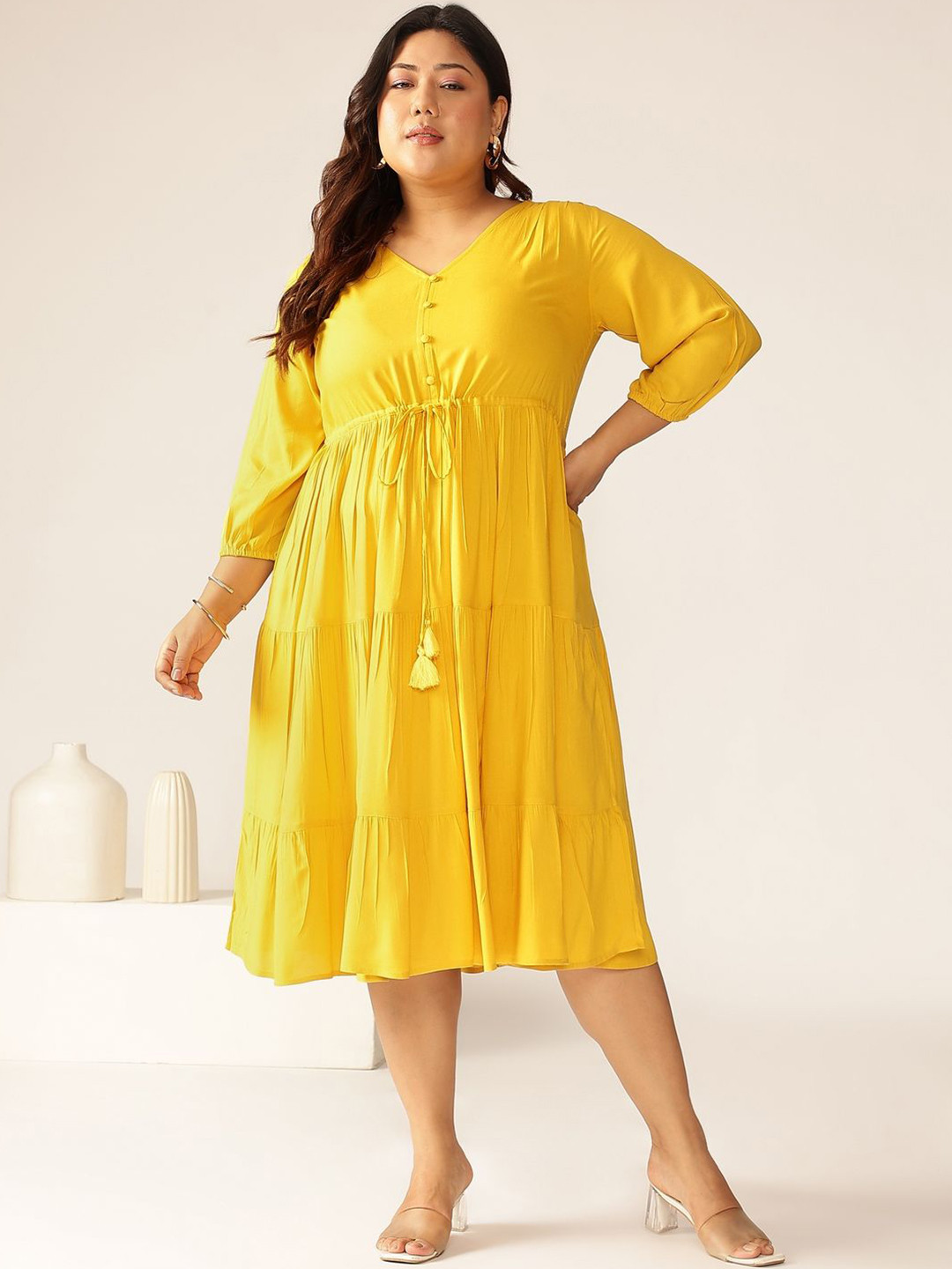 Janasya Women Plus Size Mustard Rayon Solid Tiered Dress